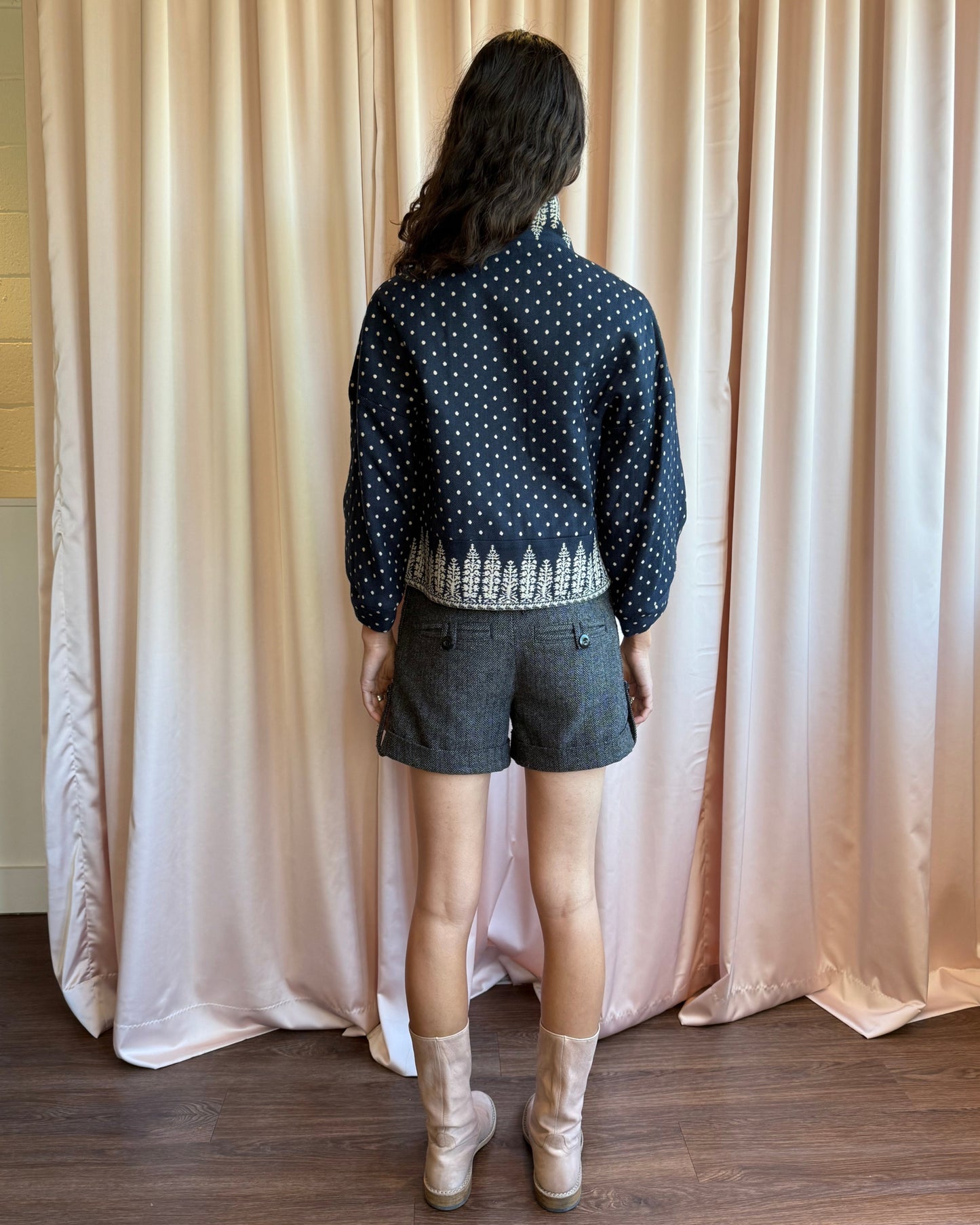 BCBGMaxazria Navy & Cream Polka Dot Printed Wool Blend Jacket