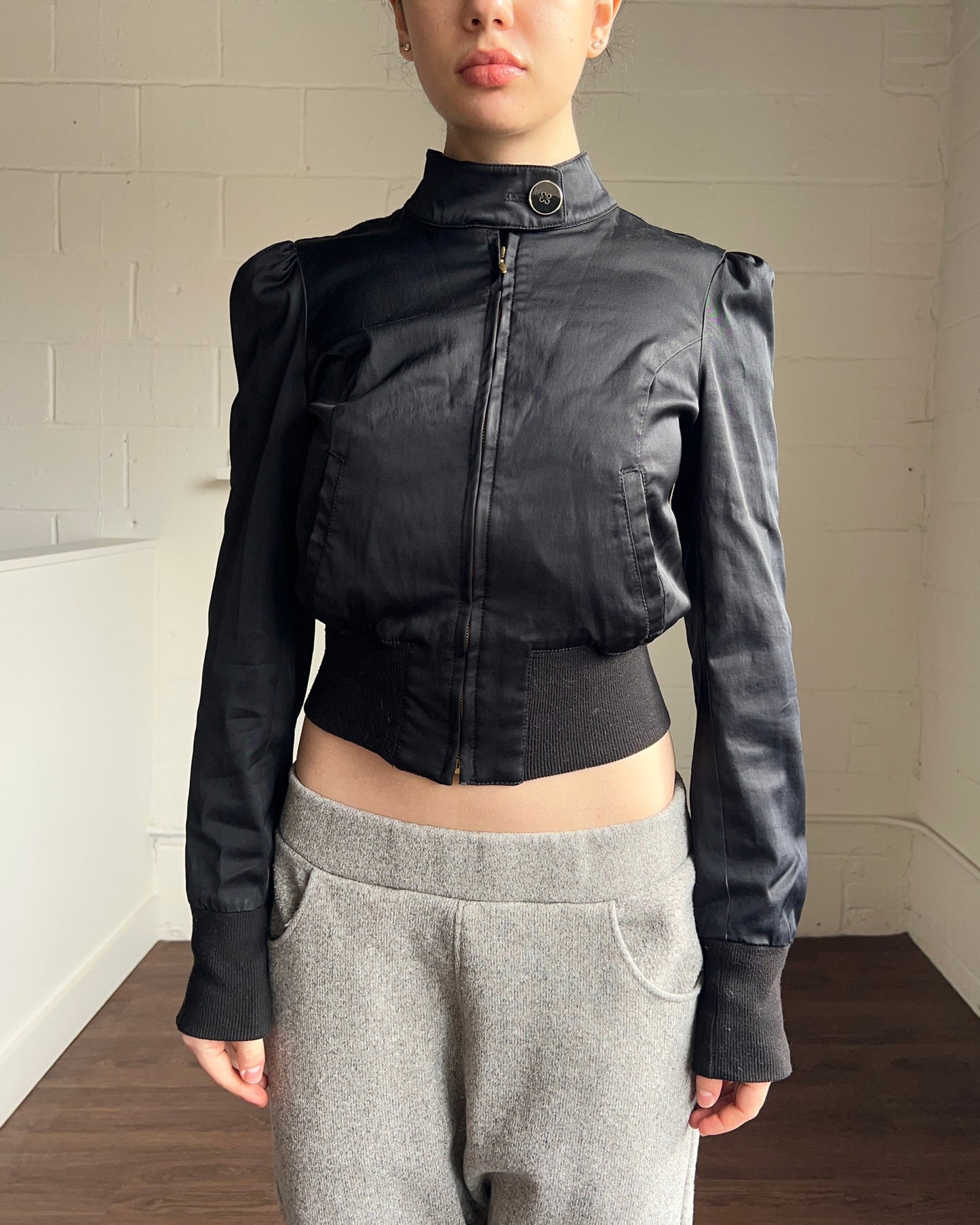 Black Cropped Puff Sleeve Zip Up Jacket