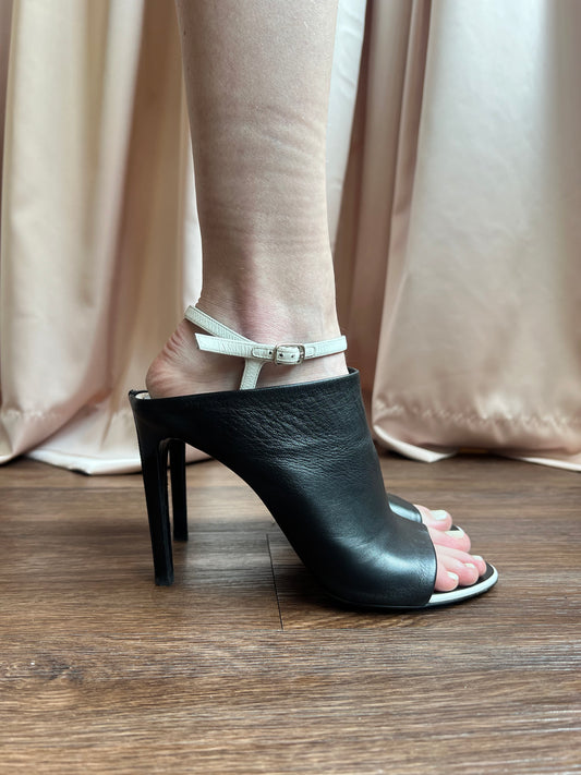 Balenciaga Black & White Leather Peep Toe Heels