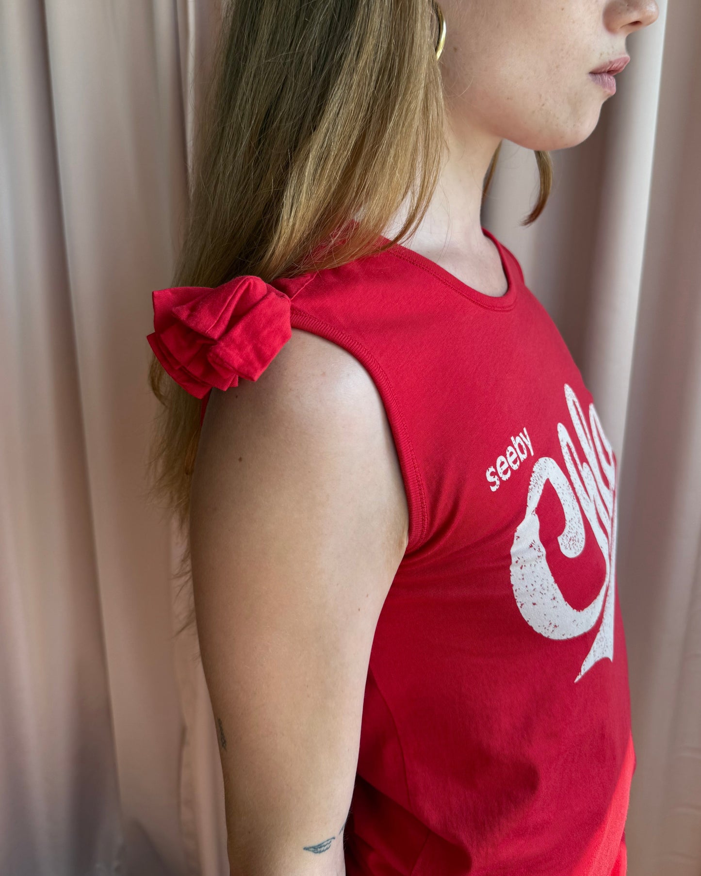 See by Chloé Red Logo Tie Sleeve Tank Top