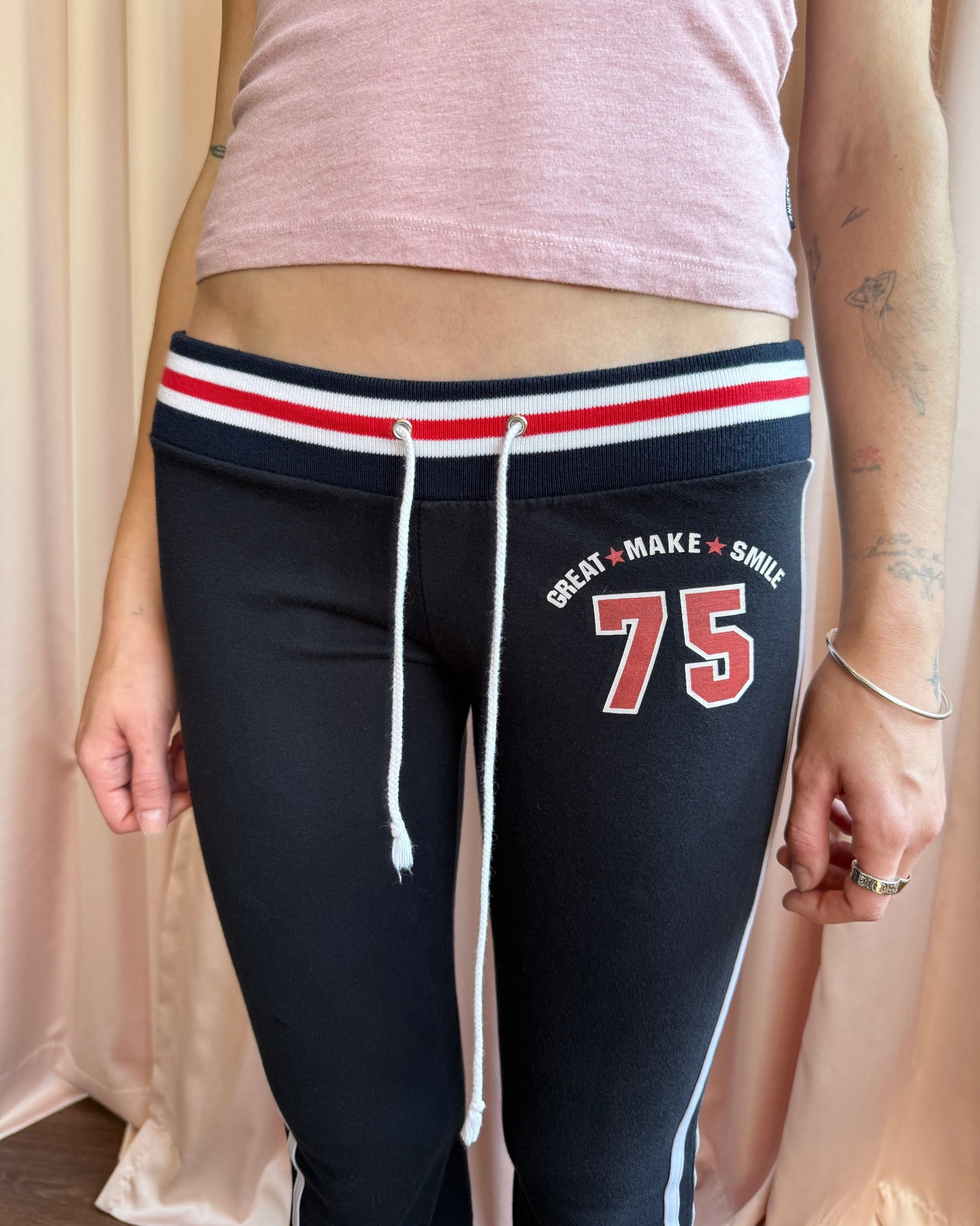 "75" Sporty Striped Flared Low Rise Navy Track Pants