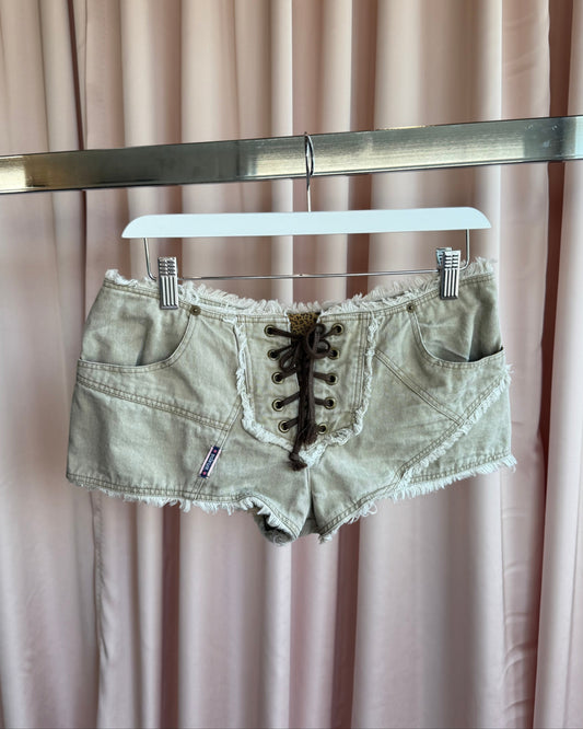 Japanese Brand Low Rise Lace Up Micro Mini Denim Shorts