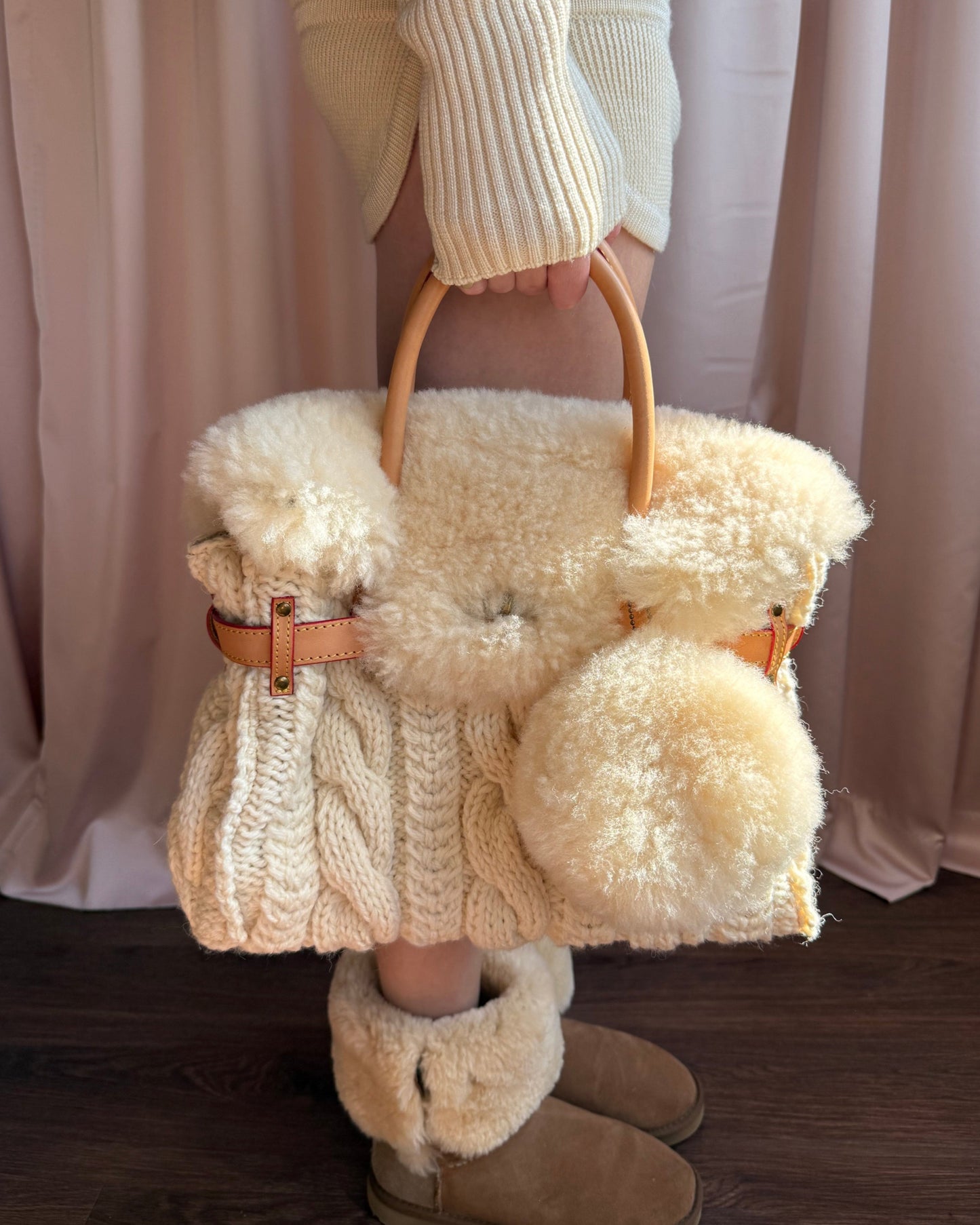 Japanese Brand Cable Knit Shearling Handbag