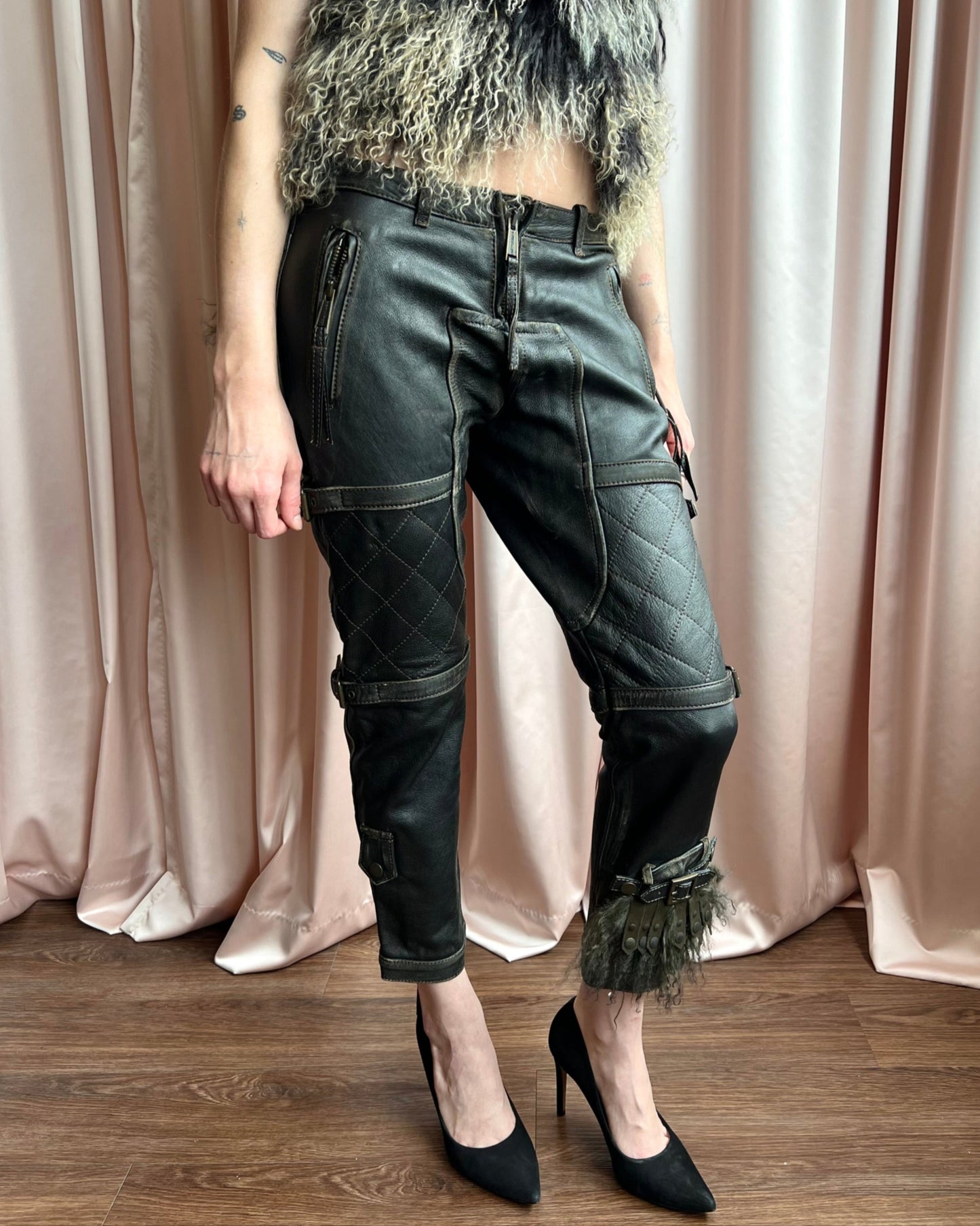 Dsquared² F/W 2005 Lamb Fur Accent Faded Leather Biker Pants
