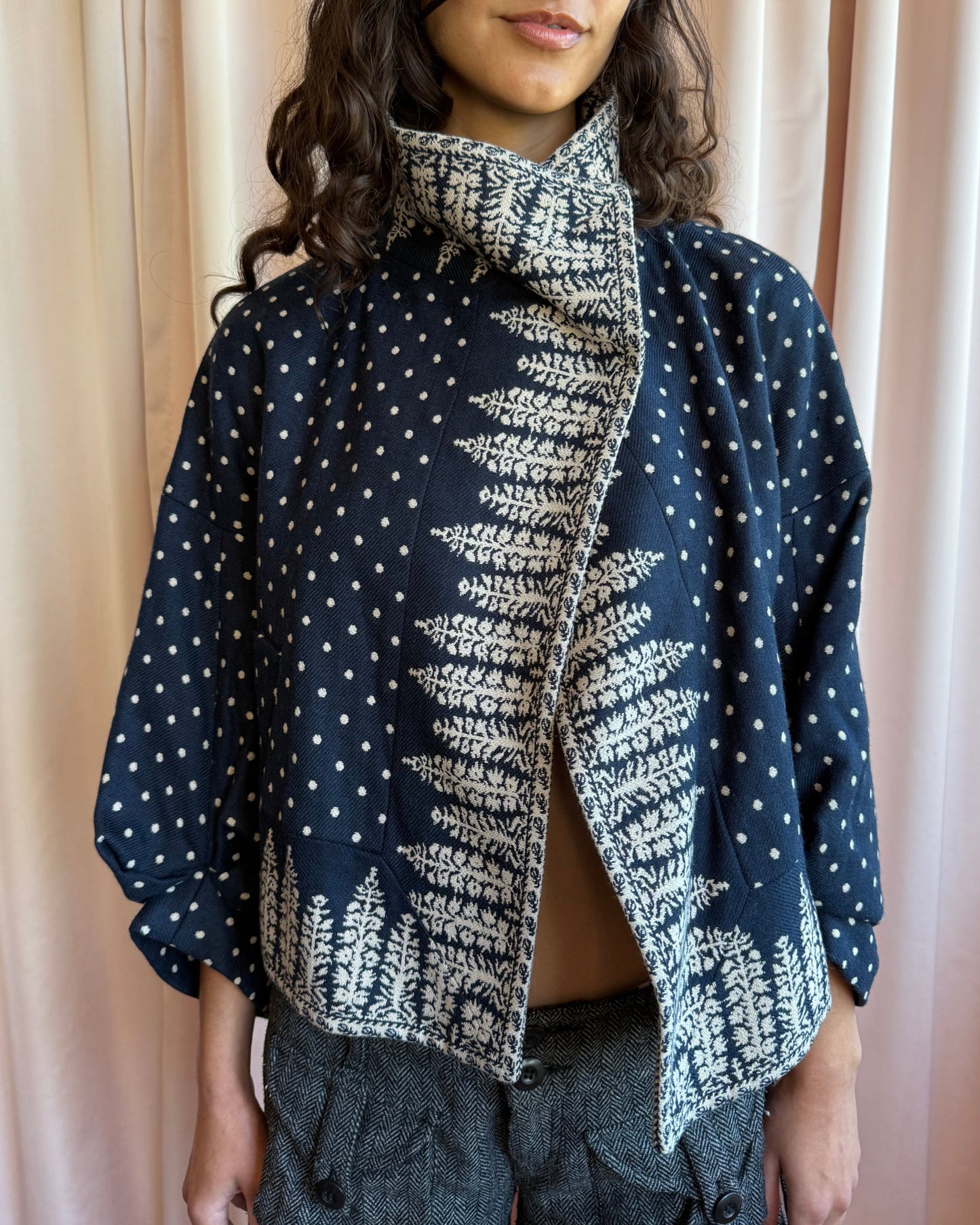 BCBGMaxazria Navy & Cream Polka Dot Printed Wool Blend Jacket