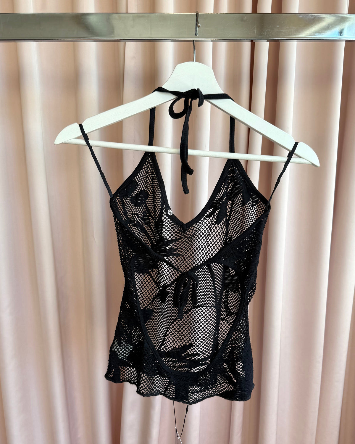 Diesel Black Fishnet Lace Open Back Halter Top
