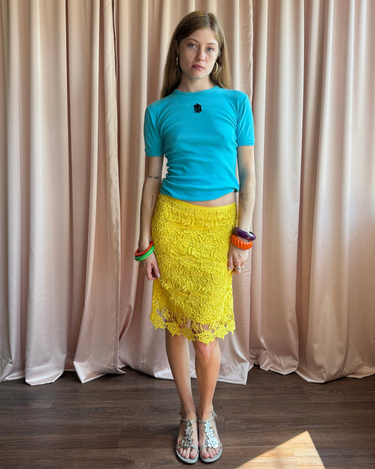 Italian Designer Yellow Lace Midi Skirt