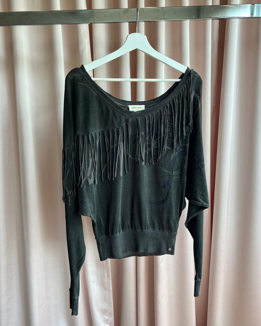 Diesel Off Shoulder Fringe Long Sleeve Top