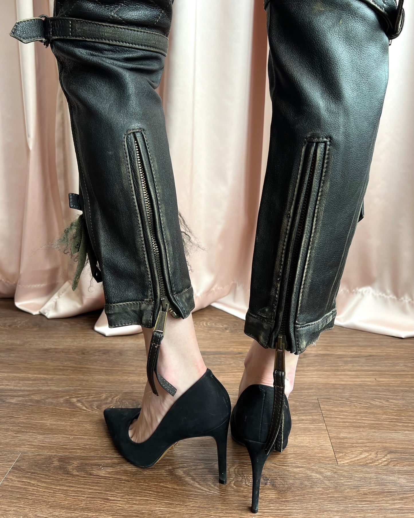 Dsquared² F/W 2005 Lamb Fur Accent Faded Leather Biker Pants