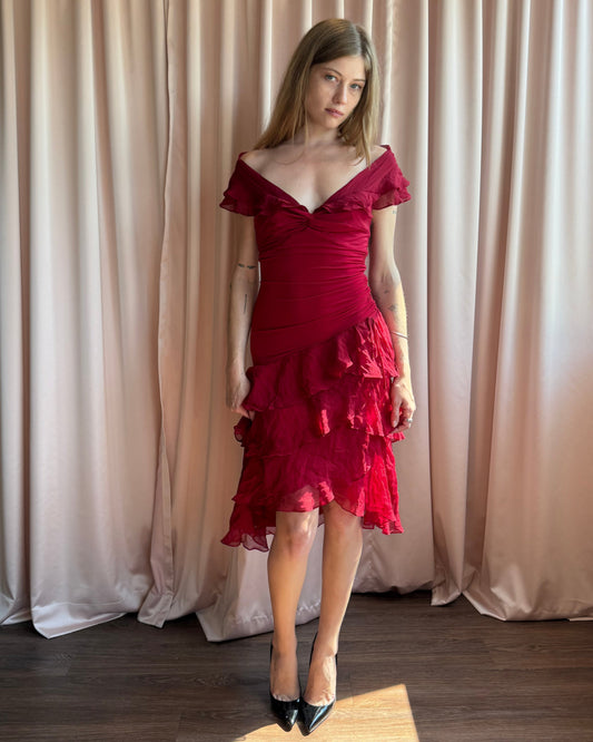BCBGMaxazria Red Silk Ruffle Off The Shoulder Dress