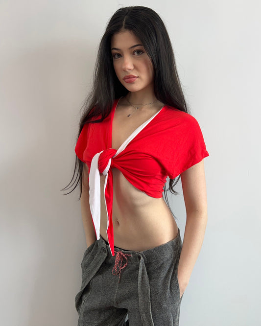 Red & White Reversible Cropped Tie Top