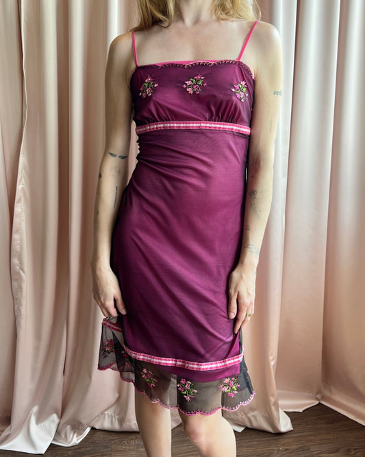 Vintage Betsey Johnson Mesh Floral Trim Dress