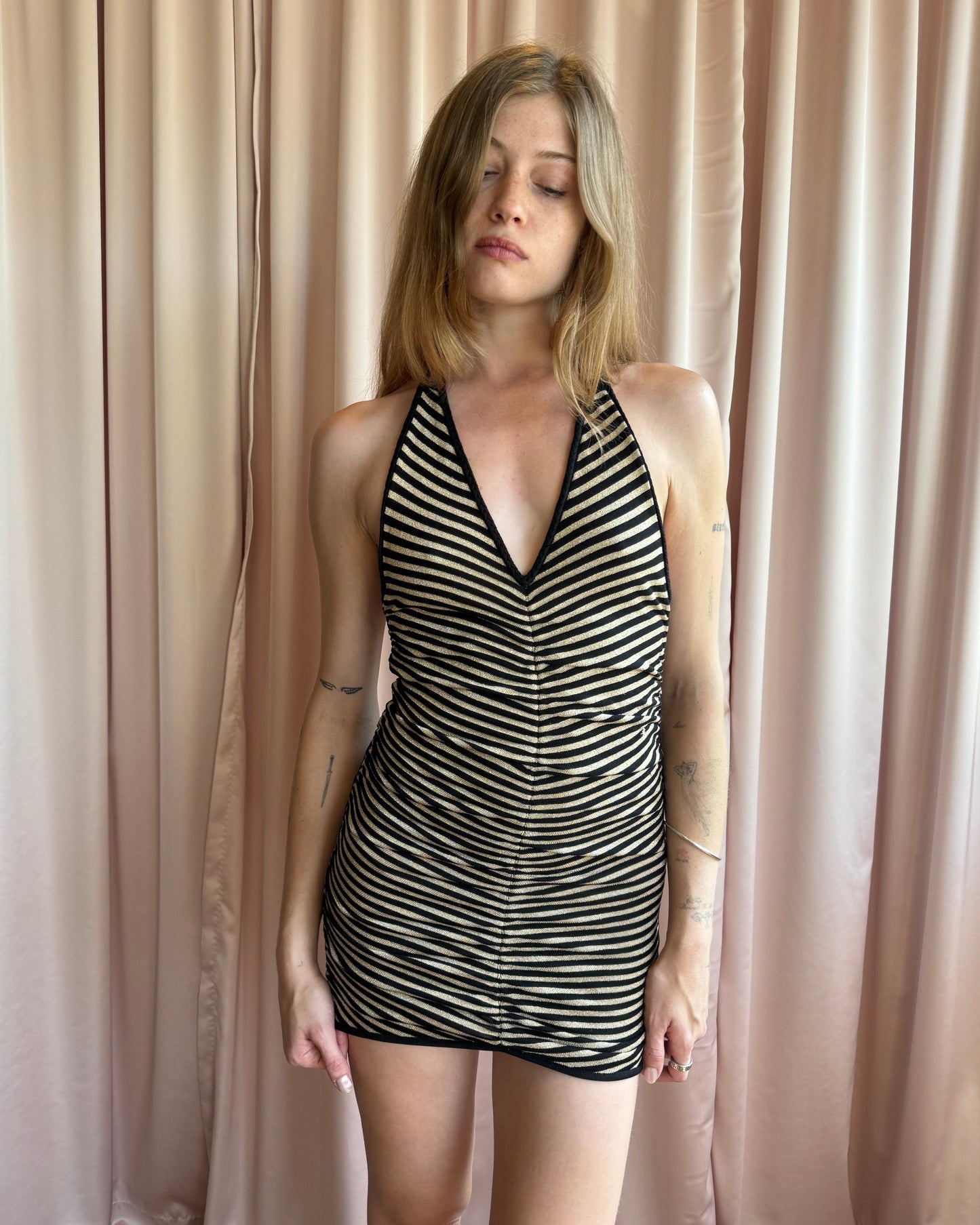 Gold & Black Striped Silk Blend Knit Ruched Halter Mini Dress