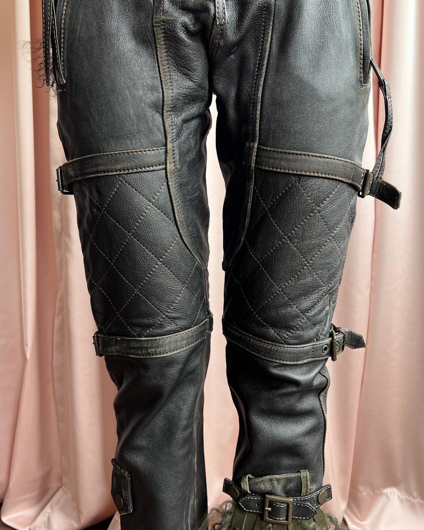 Dsquared² F/W 2005 Lamb Fur Accent Faded Leather Biker Pants