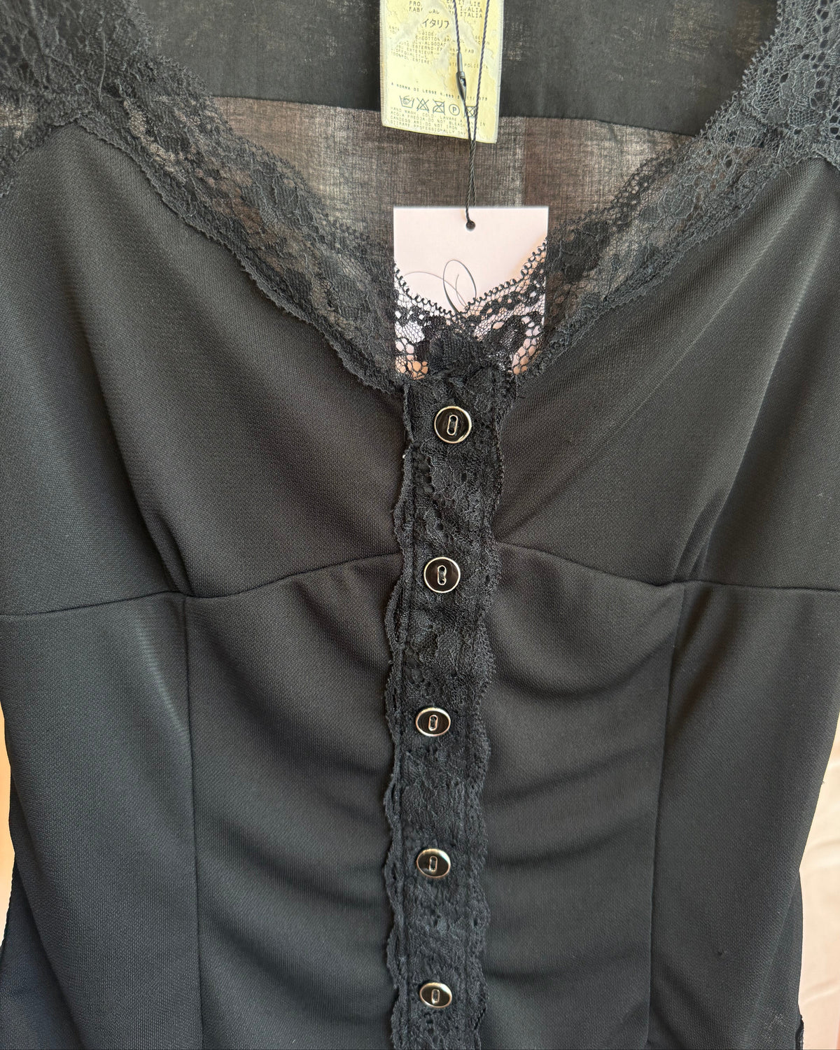 D&G S/S 2006 Black Lace Trim Button Up Long Sleeve Blouse