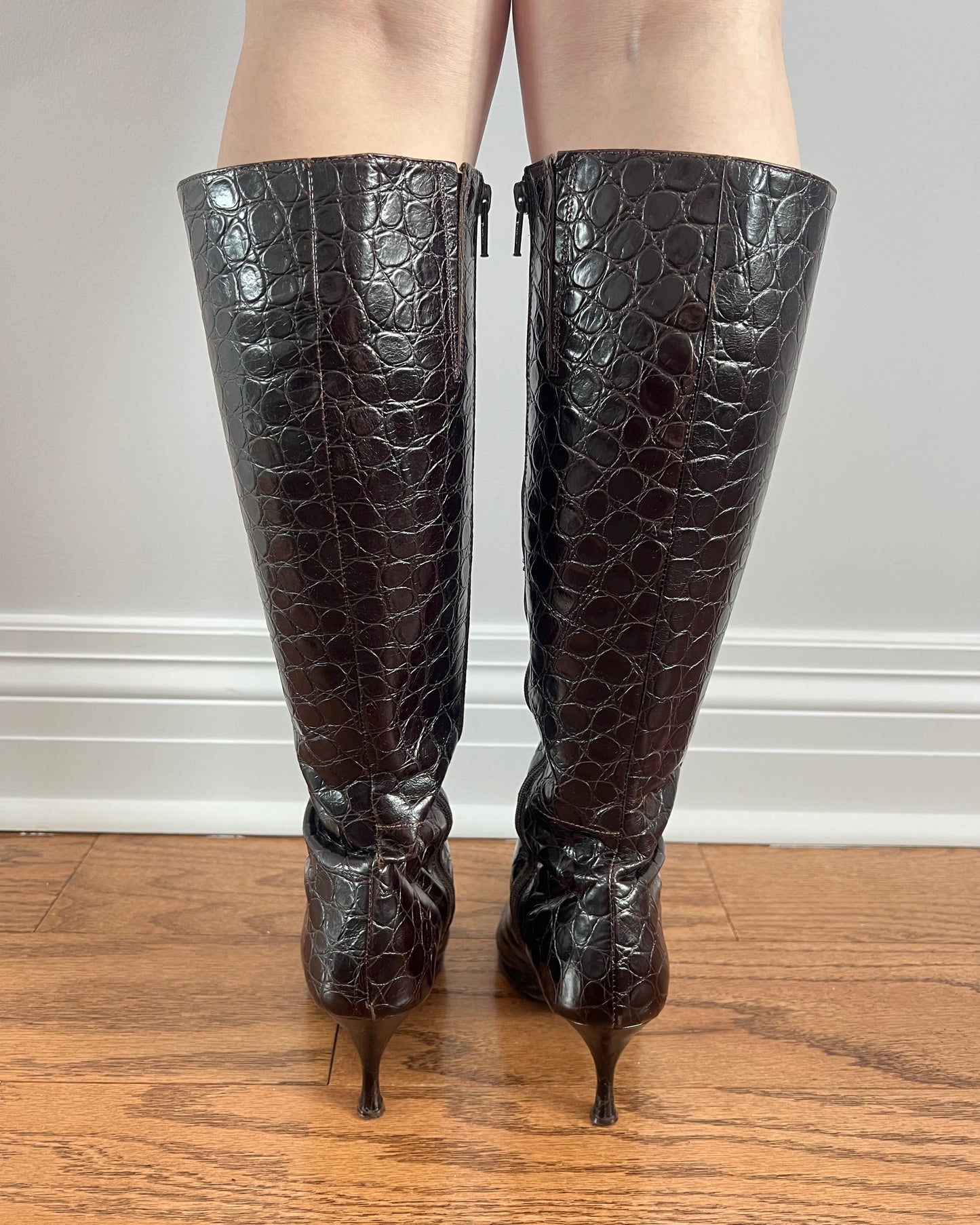 Dark Brown Embossed Genuine Leather Stiletto Boots