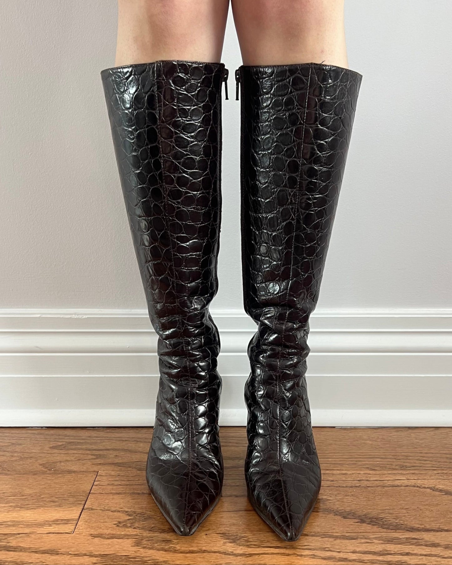 Dark Brown Embossed Genuine Leather Stiletto Boots