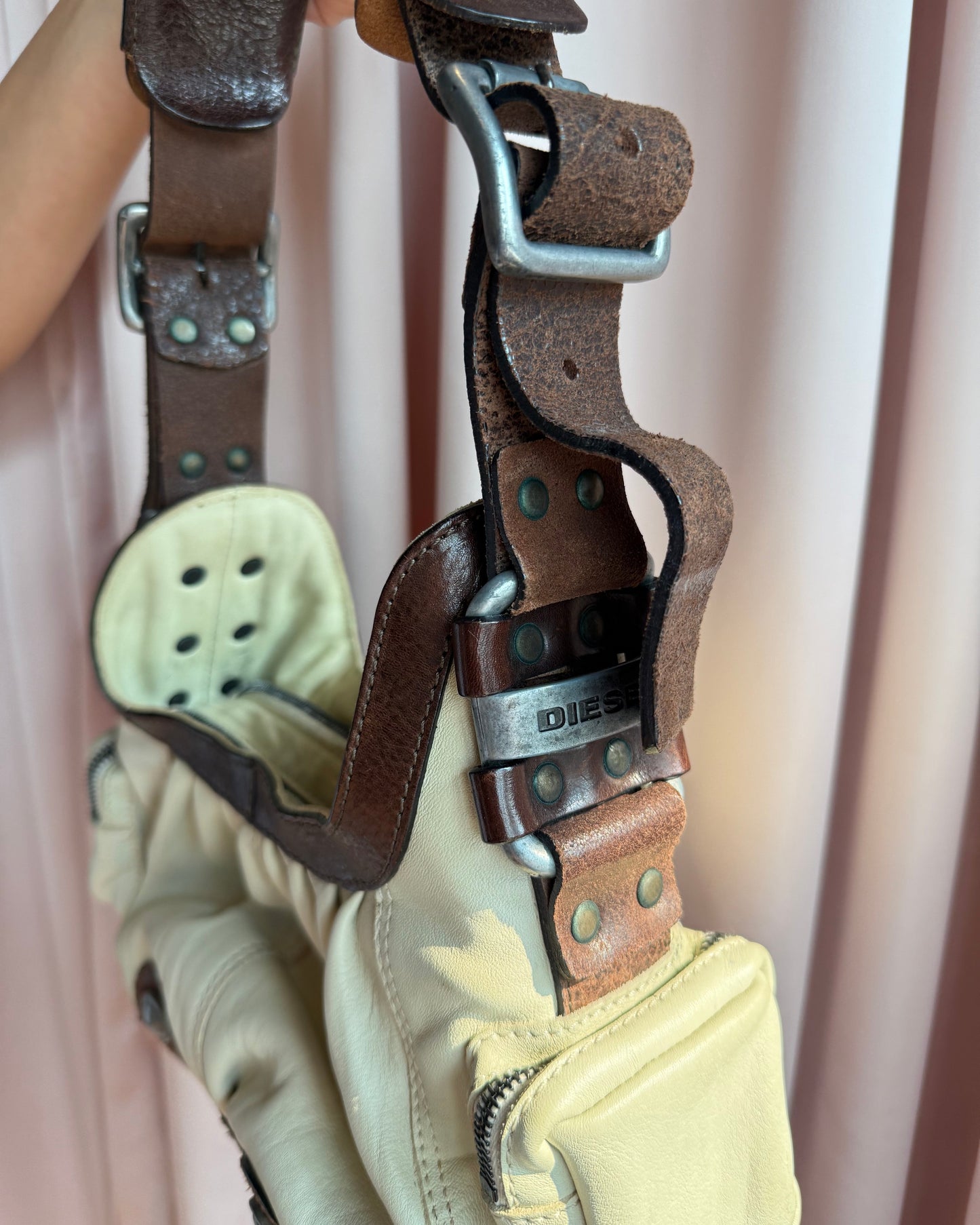 Diesel Ivory & Brown Leather Shoulder Bag