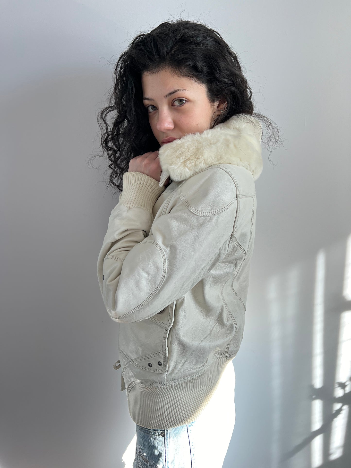White Rabbit Fur Collar Leather Bomber Jacket