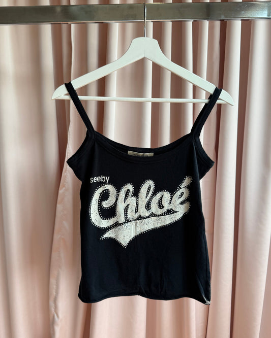See by Chloé Rhinestone Logo Black Tank Top