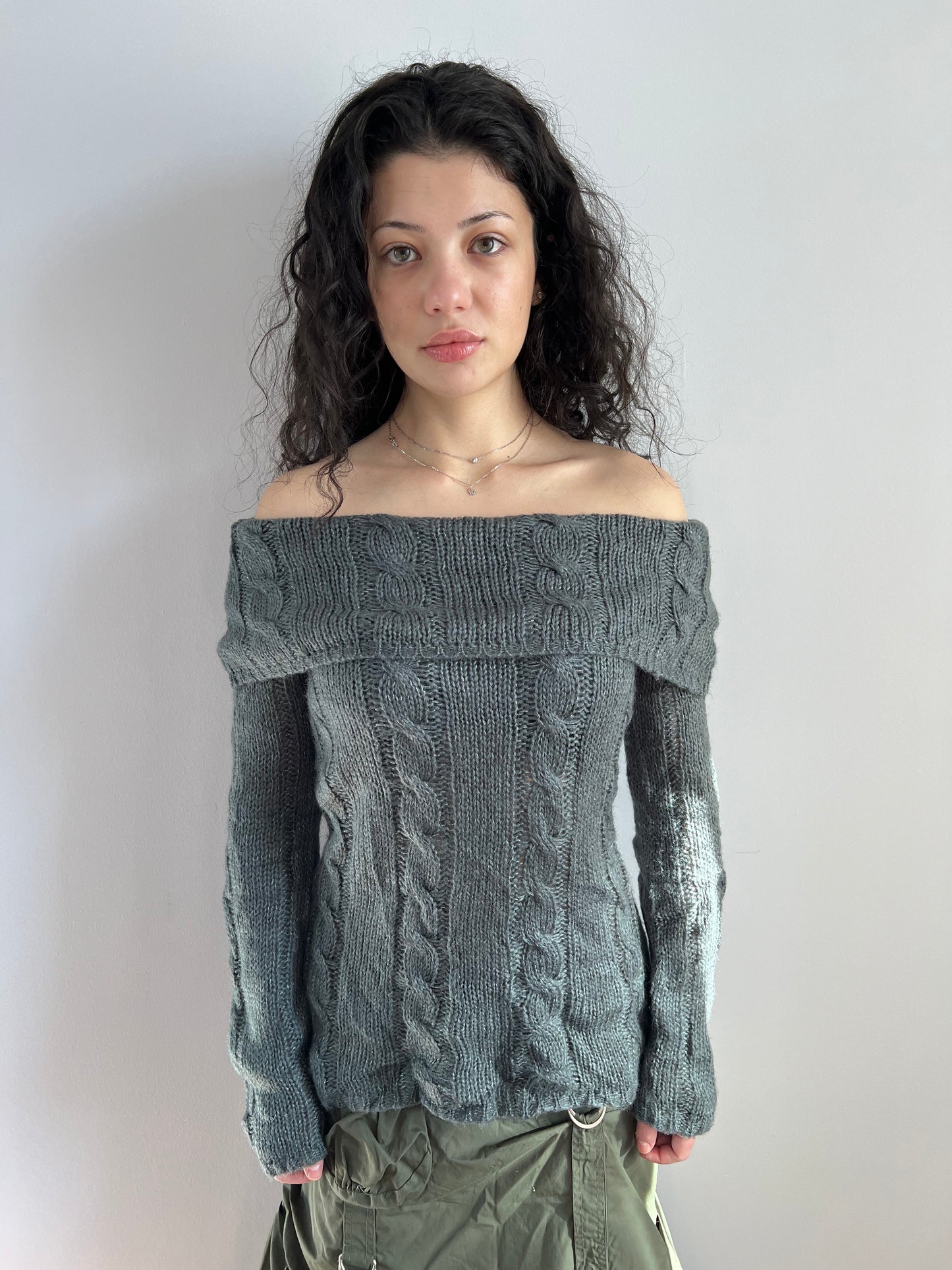 Grey Shimmer Off The Shoulder Knit