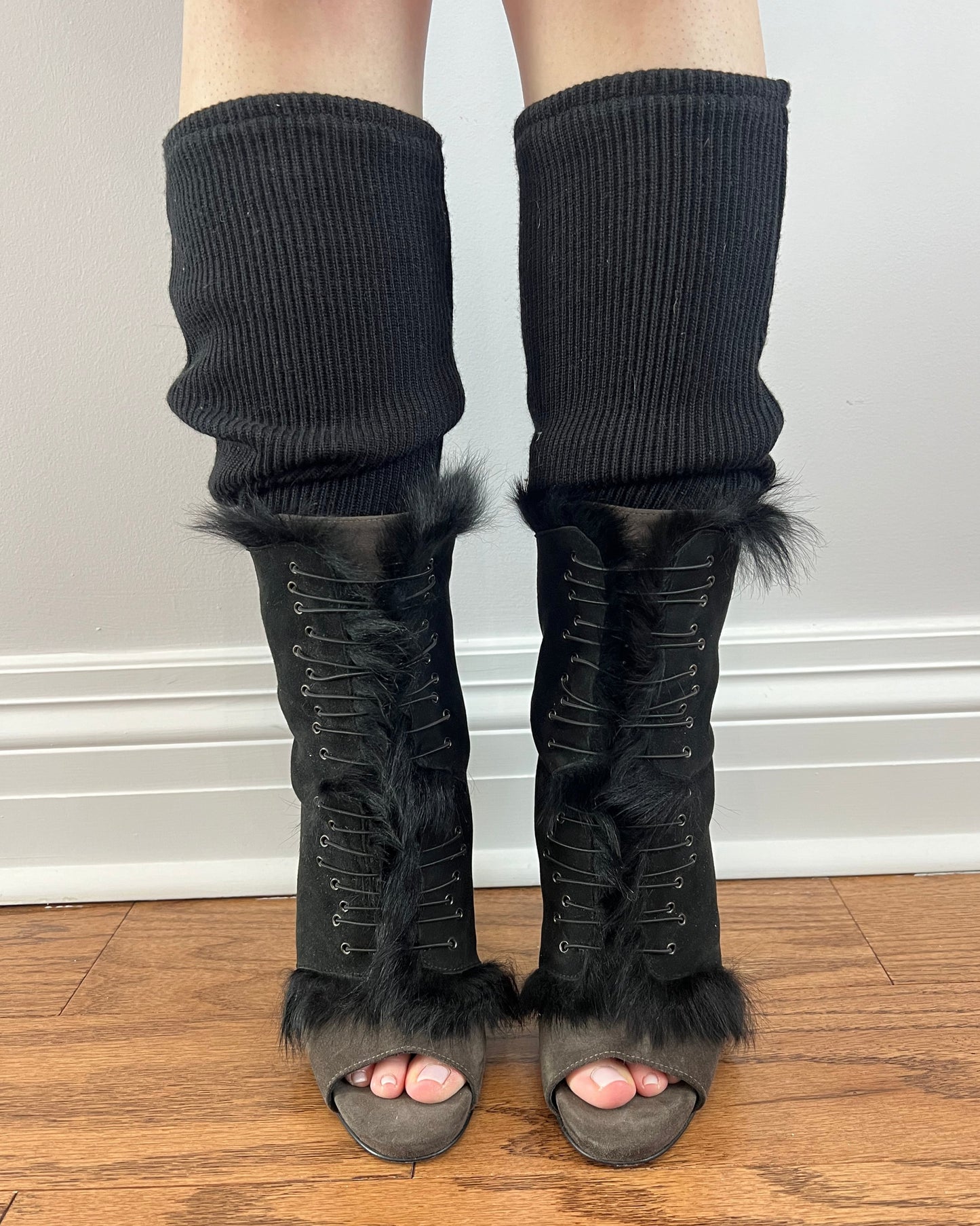 Genuine Fur & Suede Peep Toe Heeled Boots