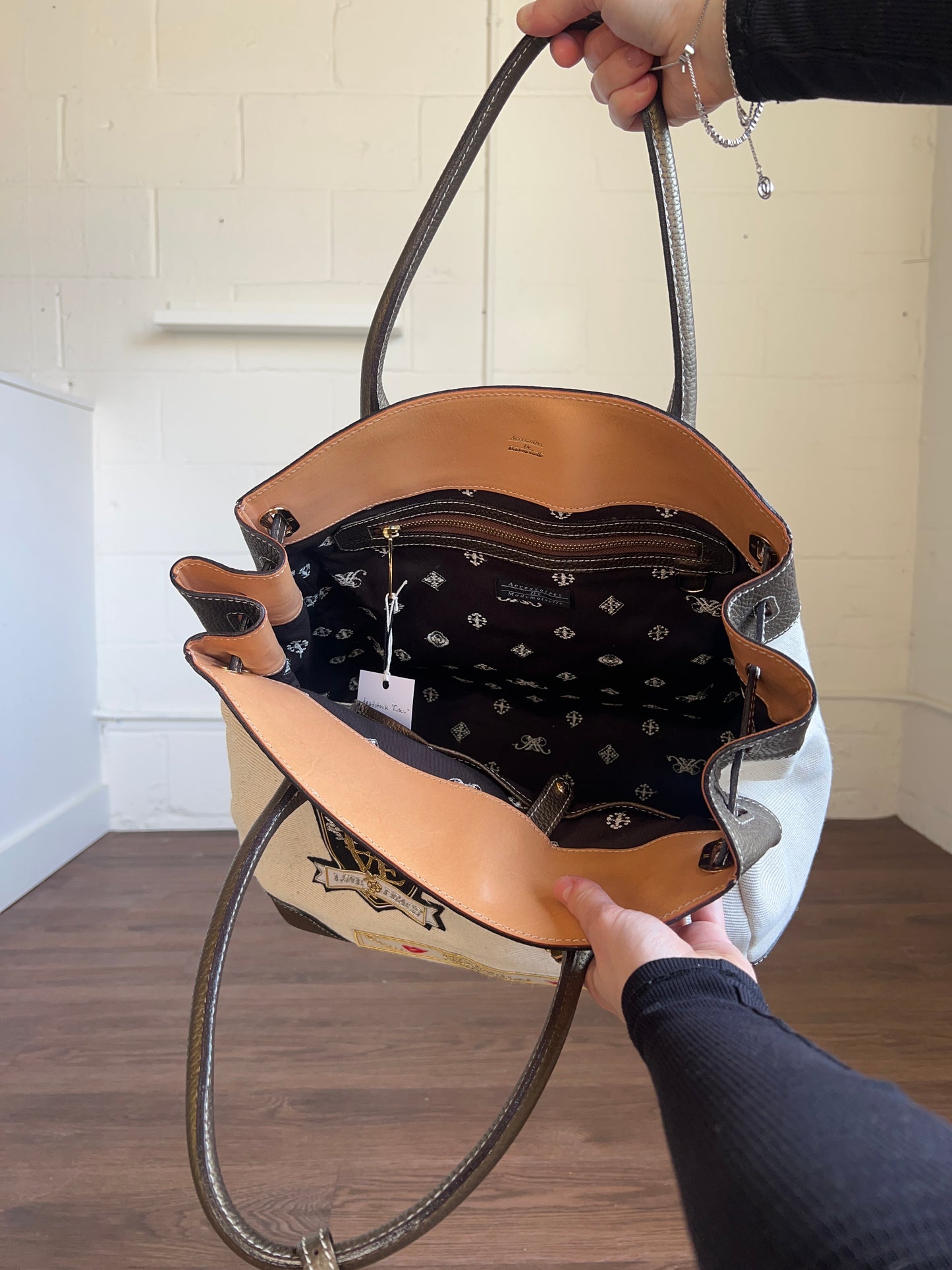 “Firkin” Patched Canvas & Leather Handbag