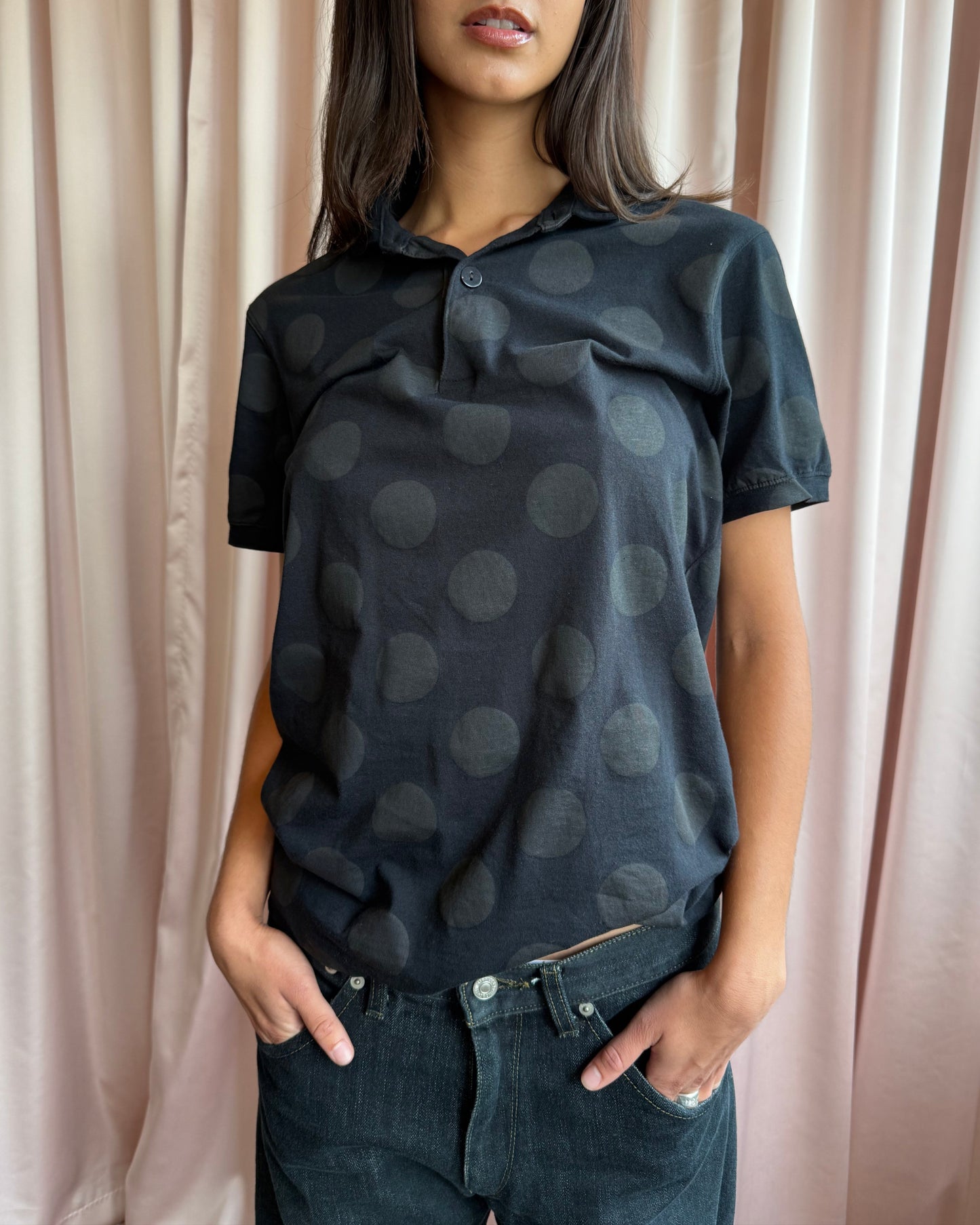 Japanese Brand Black Polka Dot Polo Shirt