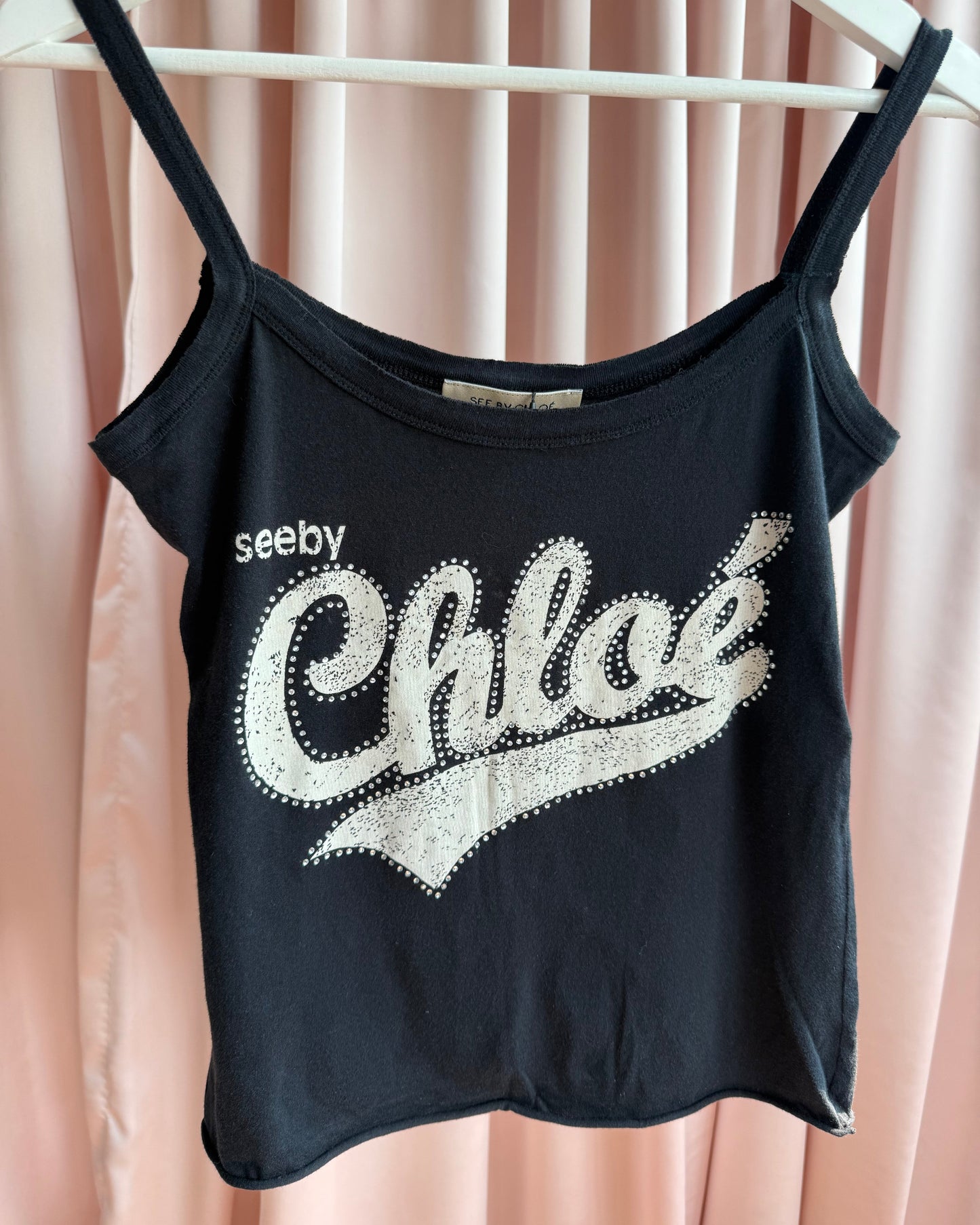 See by Chloé Rhinestone Logo Black Tank Top