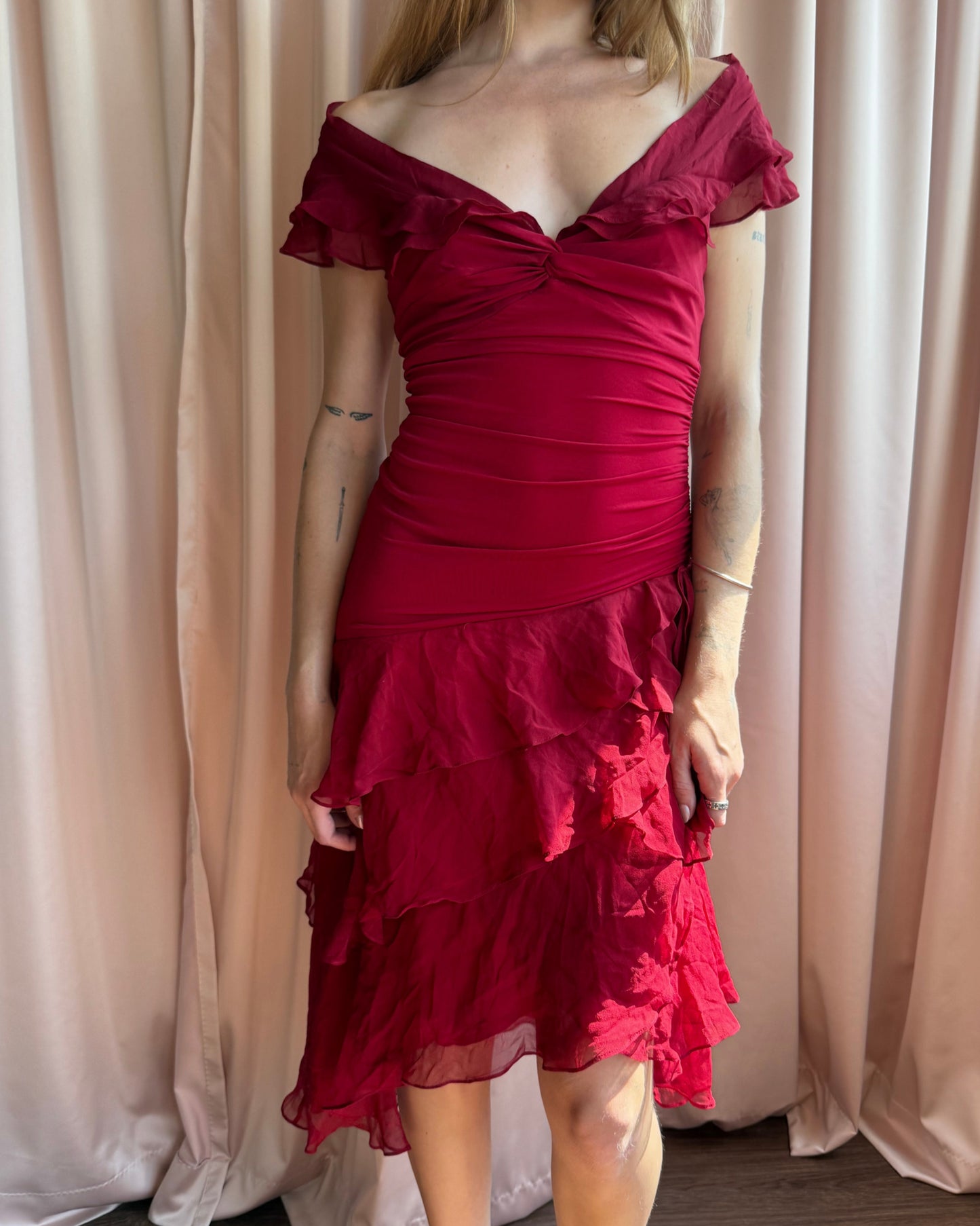 BCBGMaxazria Red Silk Ruffle Off The Shoulder Dress