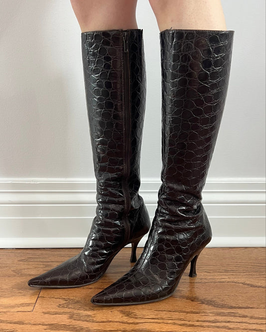 Dark Brown Embossed Genuine Leather Stiletto Boots