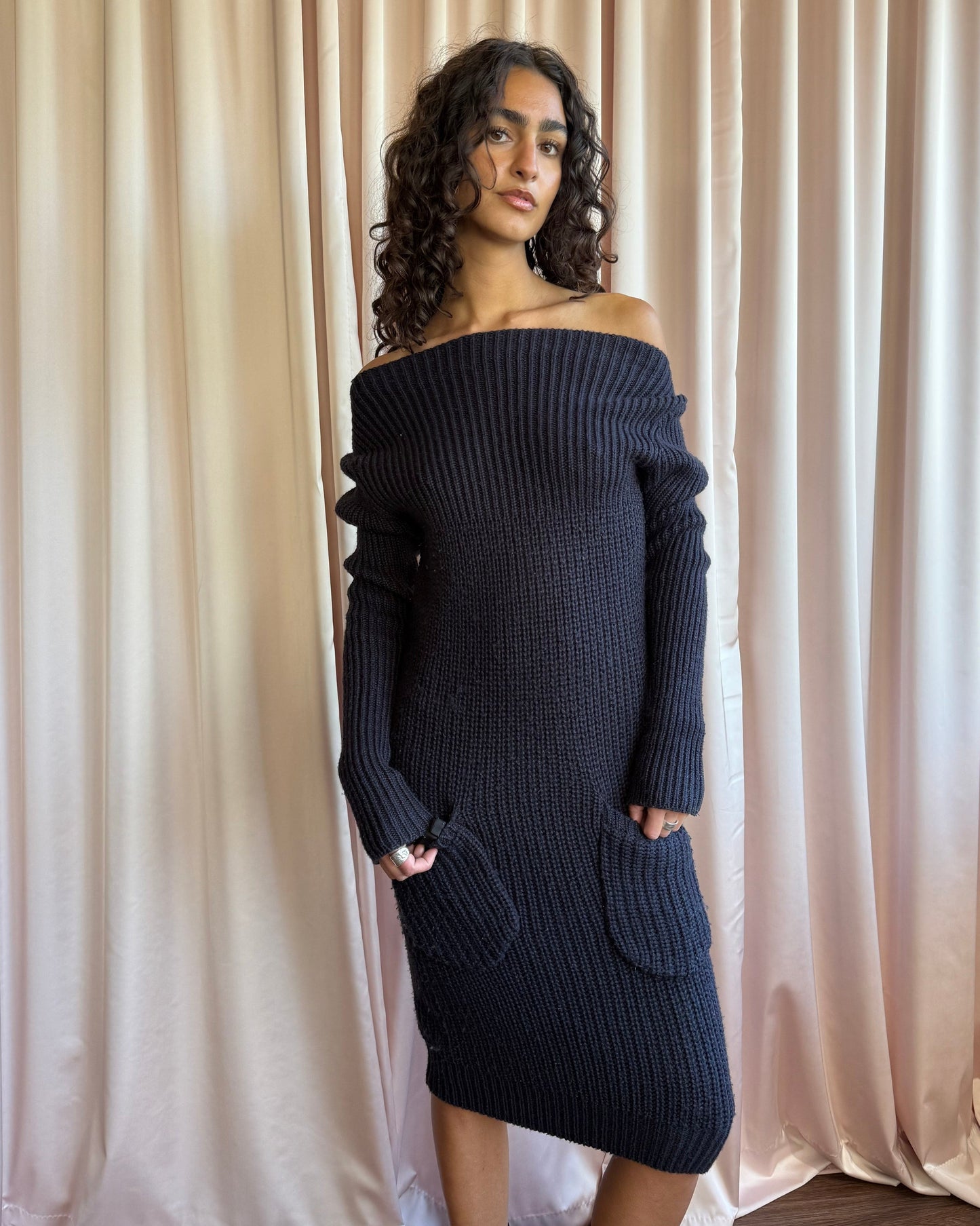 Italian Designer Navy Off The Shoulder Long Sleeve Knit Dress