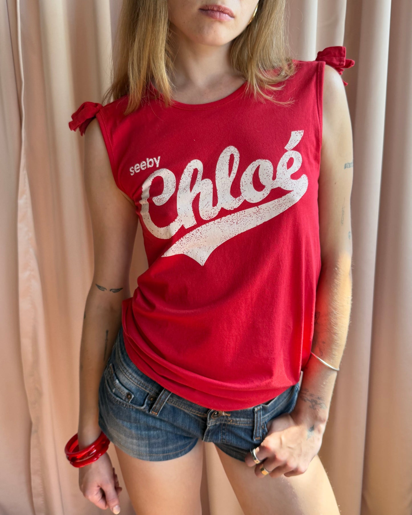 See by Chloé Red Logo Tie Sleeve Tank Top
