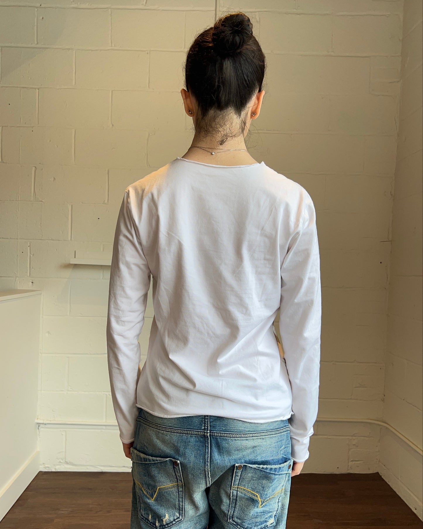French Designer Silver Graphic Long Sleeve Top