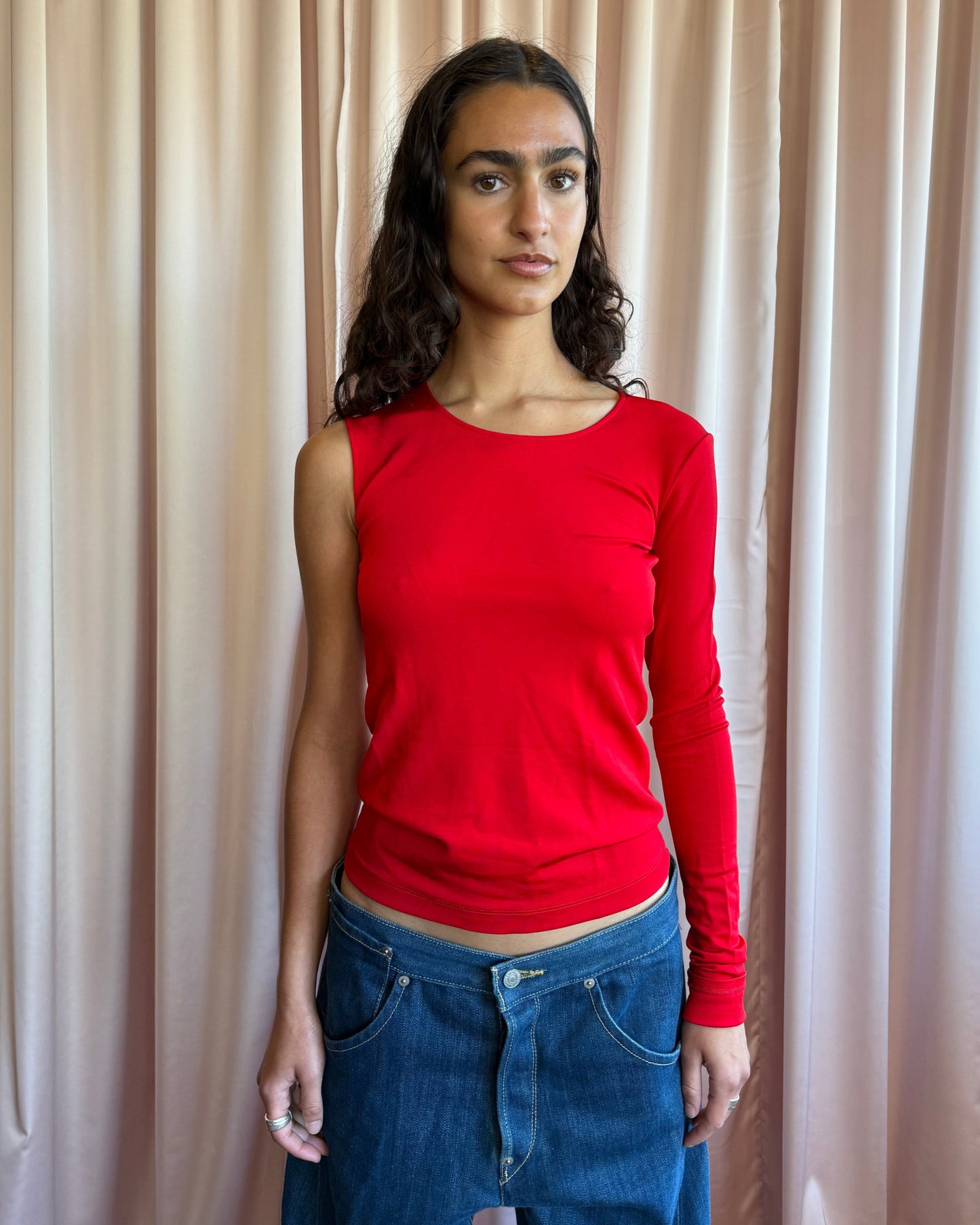 Helmut Lang Asymmetrical Single Sleeve Red Top