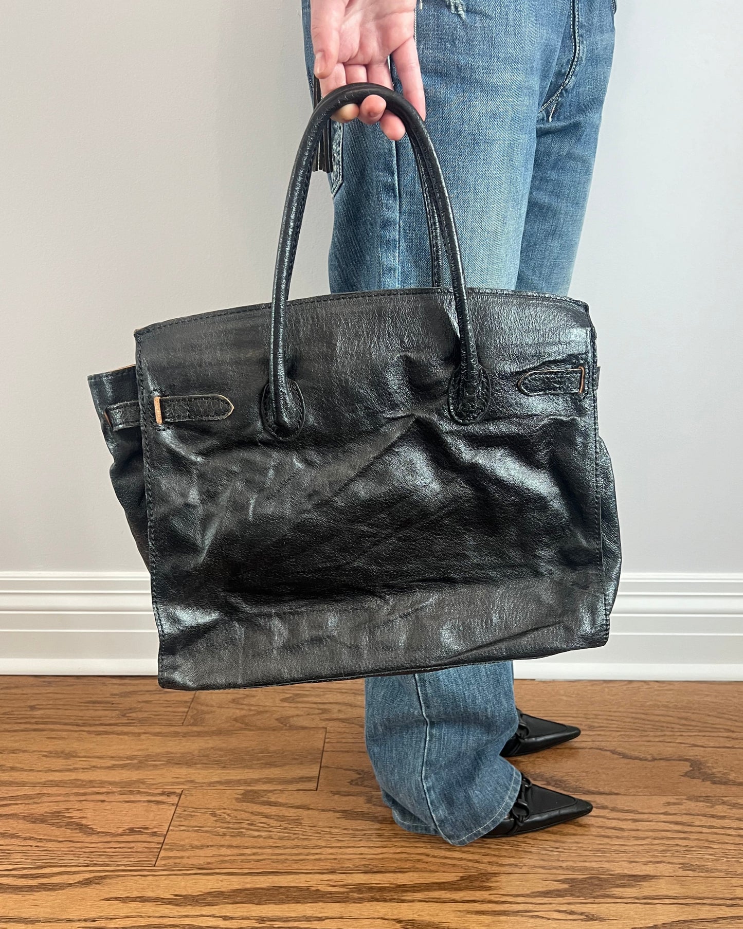 “Firkin” Patched Leather Handbag