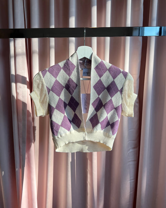 Italian Designer Argyle Print Cropped Cardigan