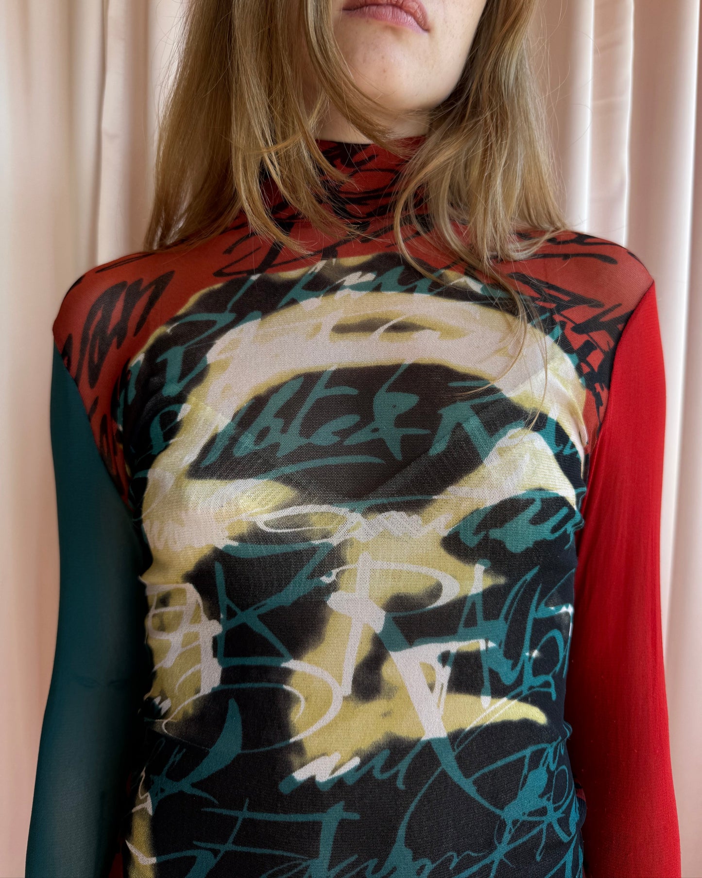 Jean Paul Gaultier F/W 1997 Printed Mesh Turtleneck Long Sleeve Top