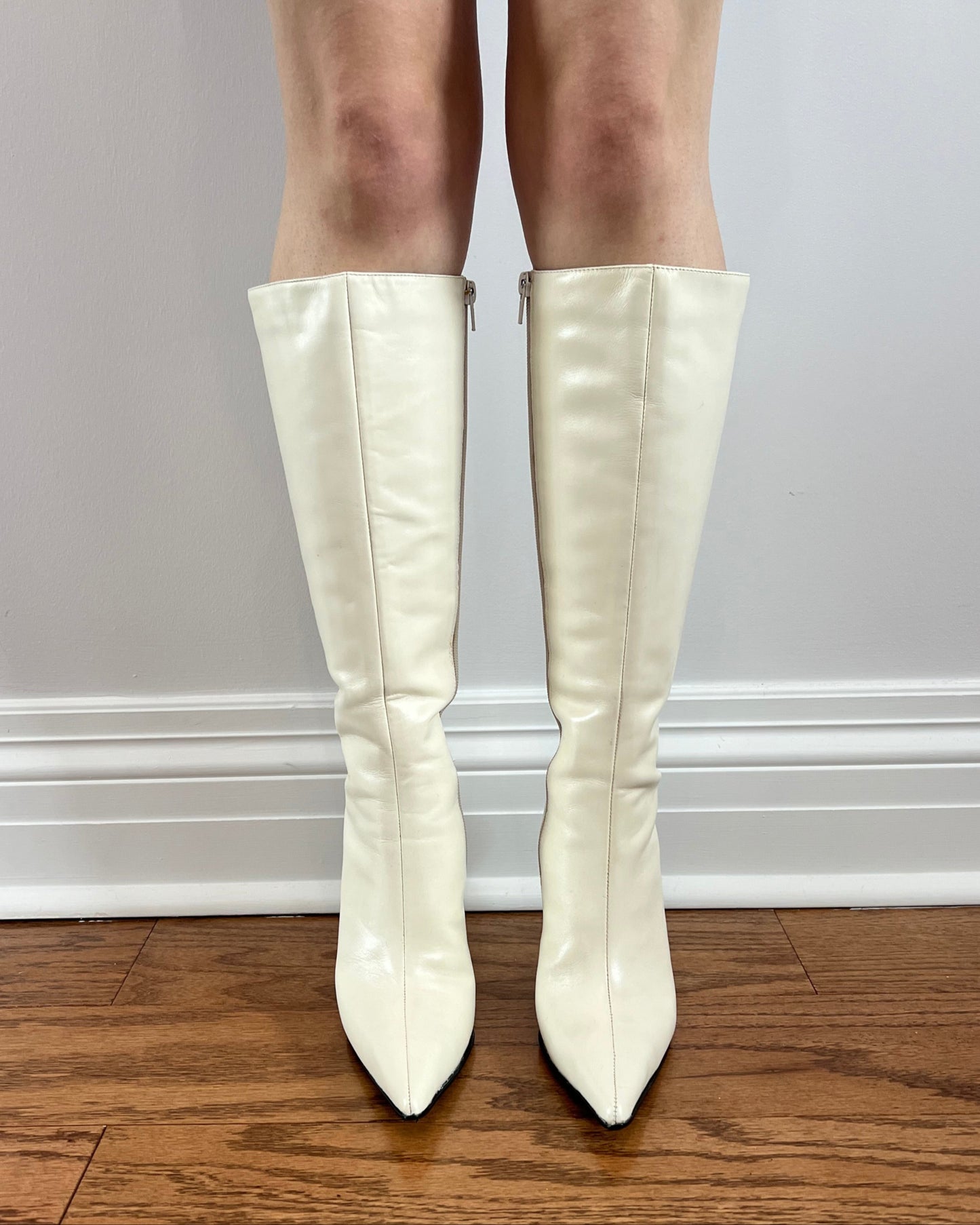 White Genuine Leather Pointed Toe Stiletto Boots