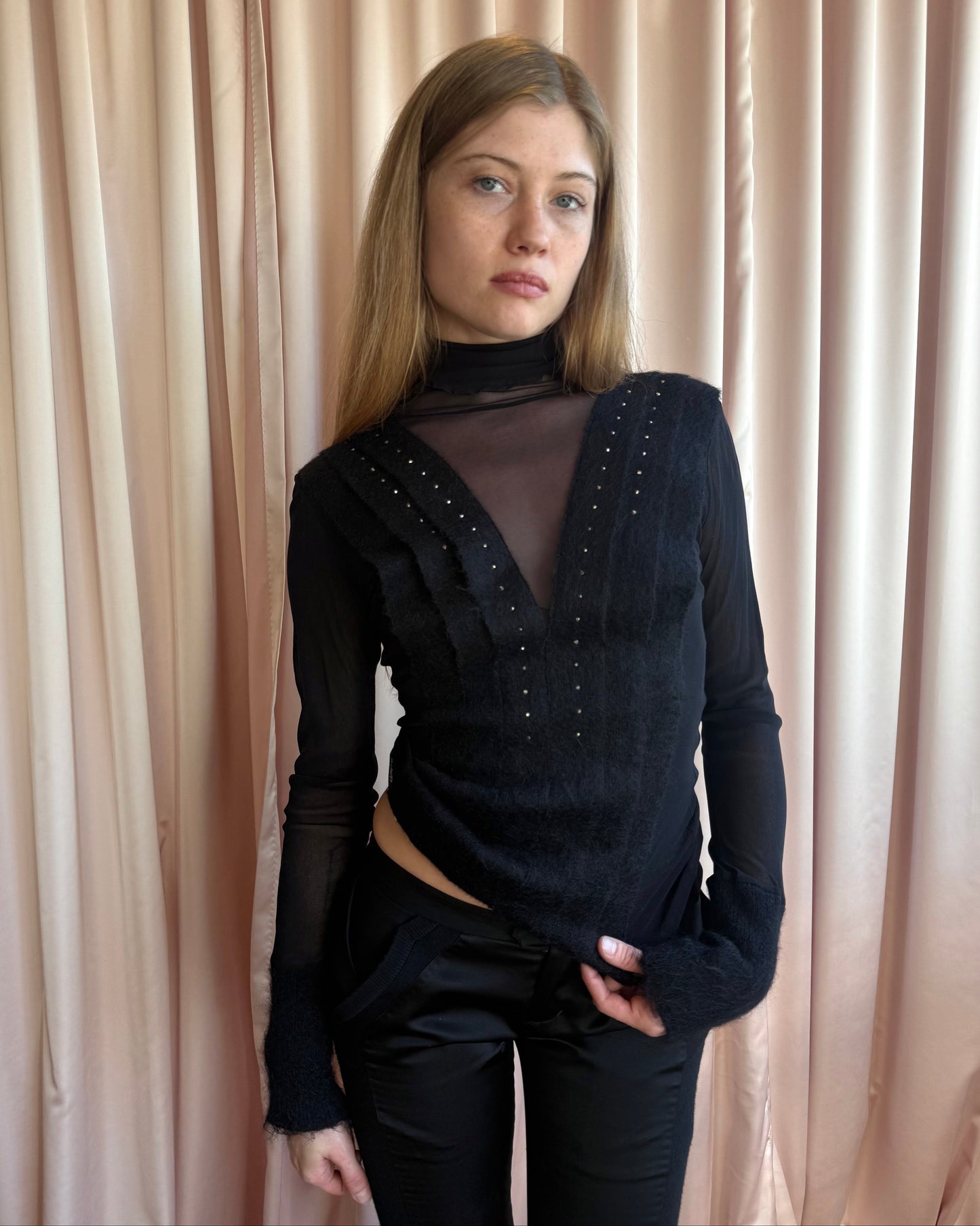 Italian Designer Double Layered Mesh Mohair Turtleneck Long Sleeve Top