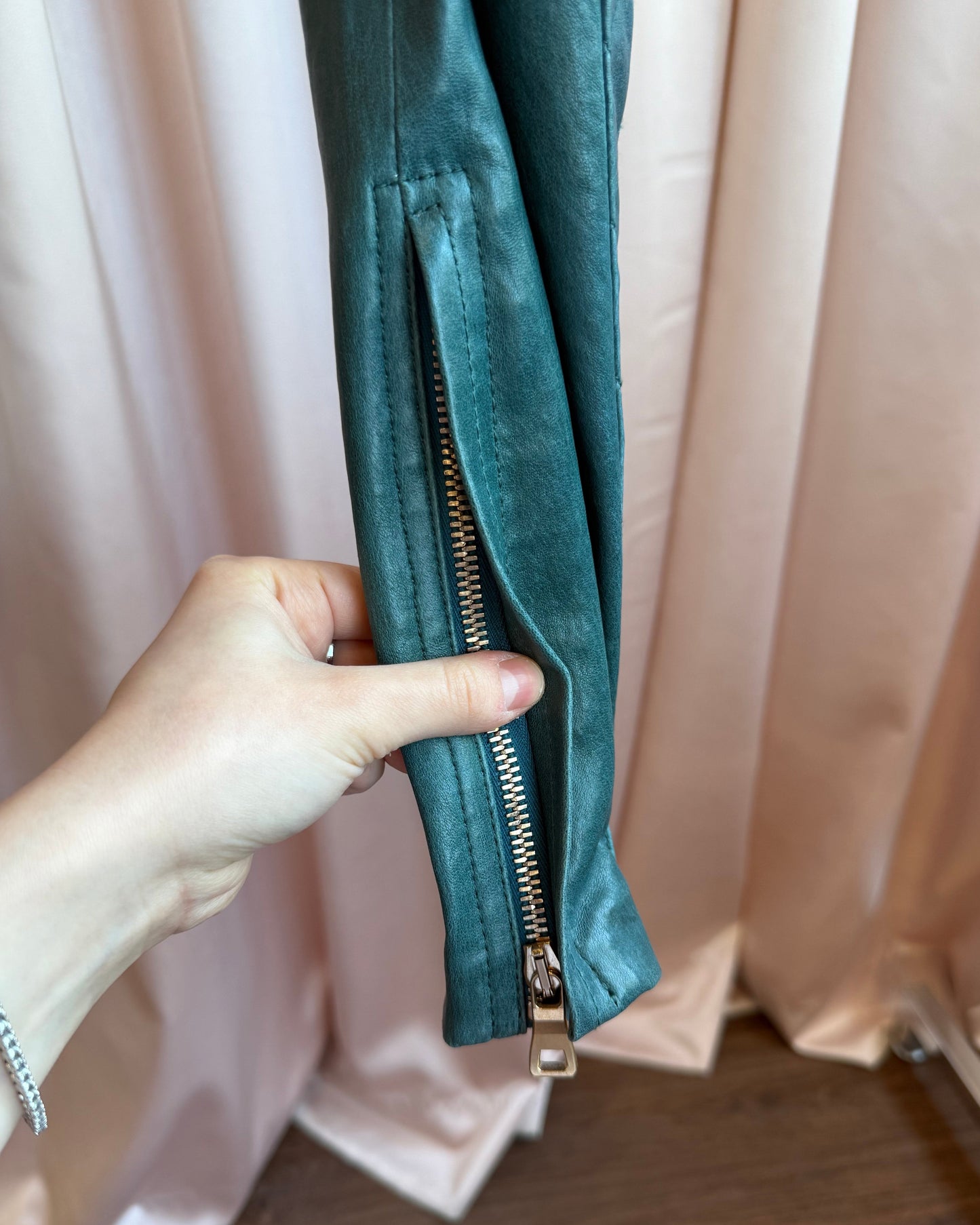 Balmain Viridian Lambskin Leather Low Rise Slim Cut Moto Pants