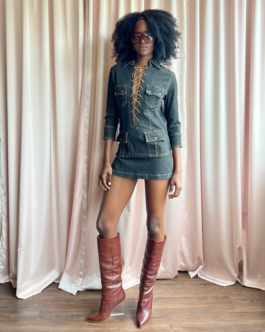 Japanese Brand Deadstock Lace Up Denim Mini Dress