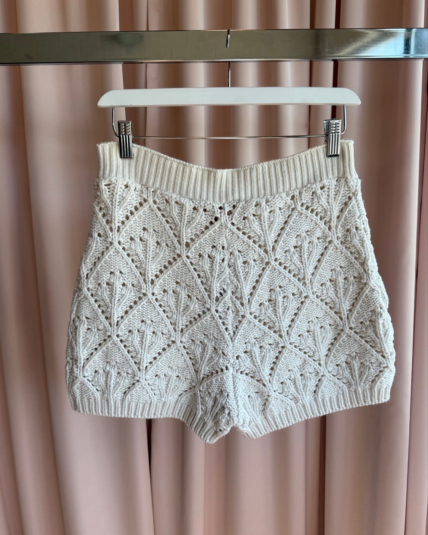French Brand La Fée Maraboutée Cream Crochet Knit Shorts