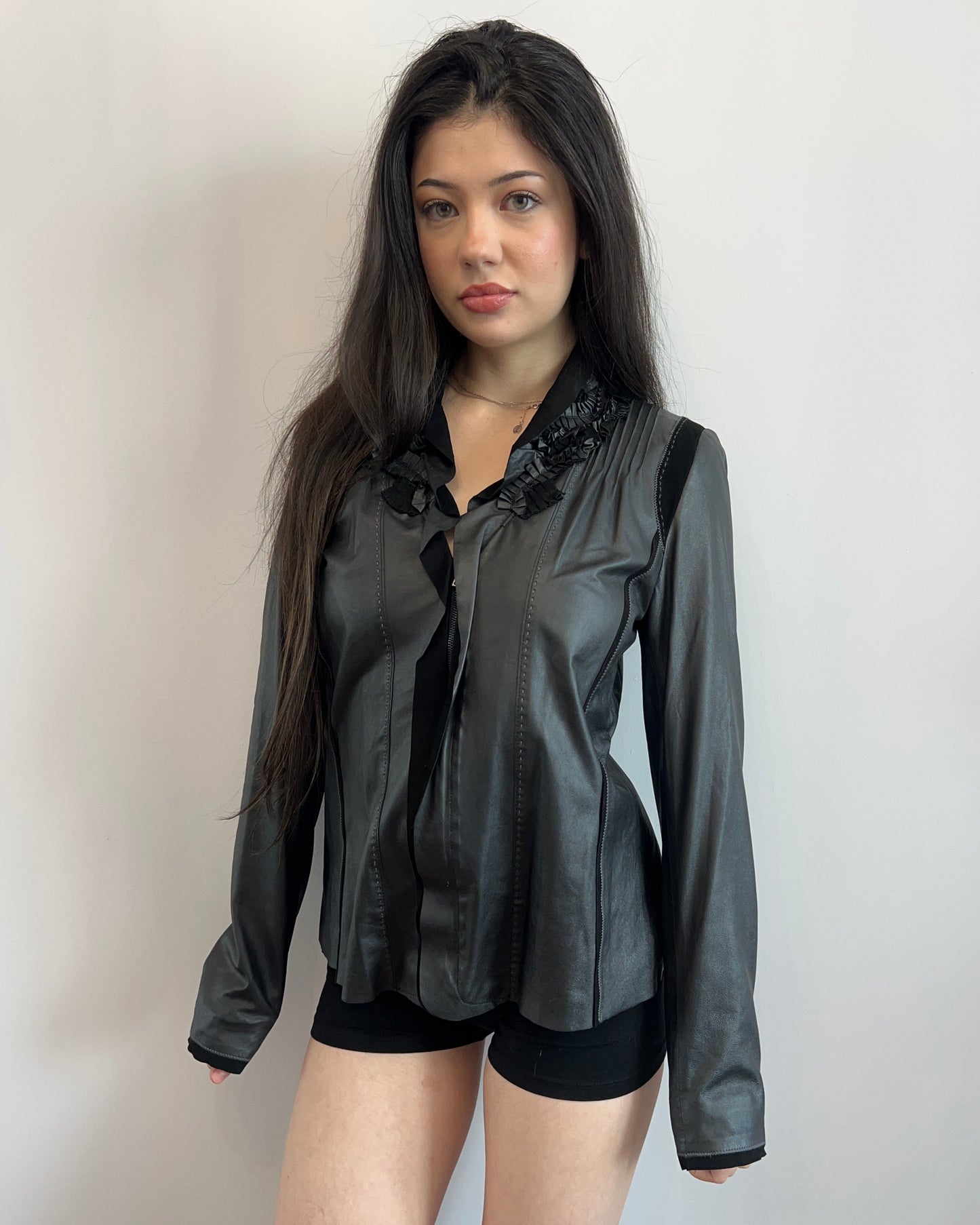 Black Ruffle Collar Leather Jacket