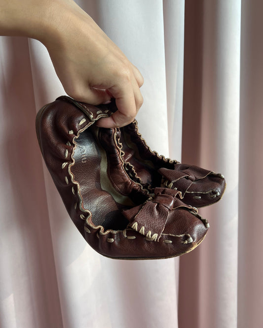 Miu Miu Brown Leather Bow Ballet Flats