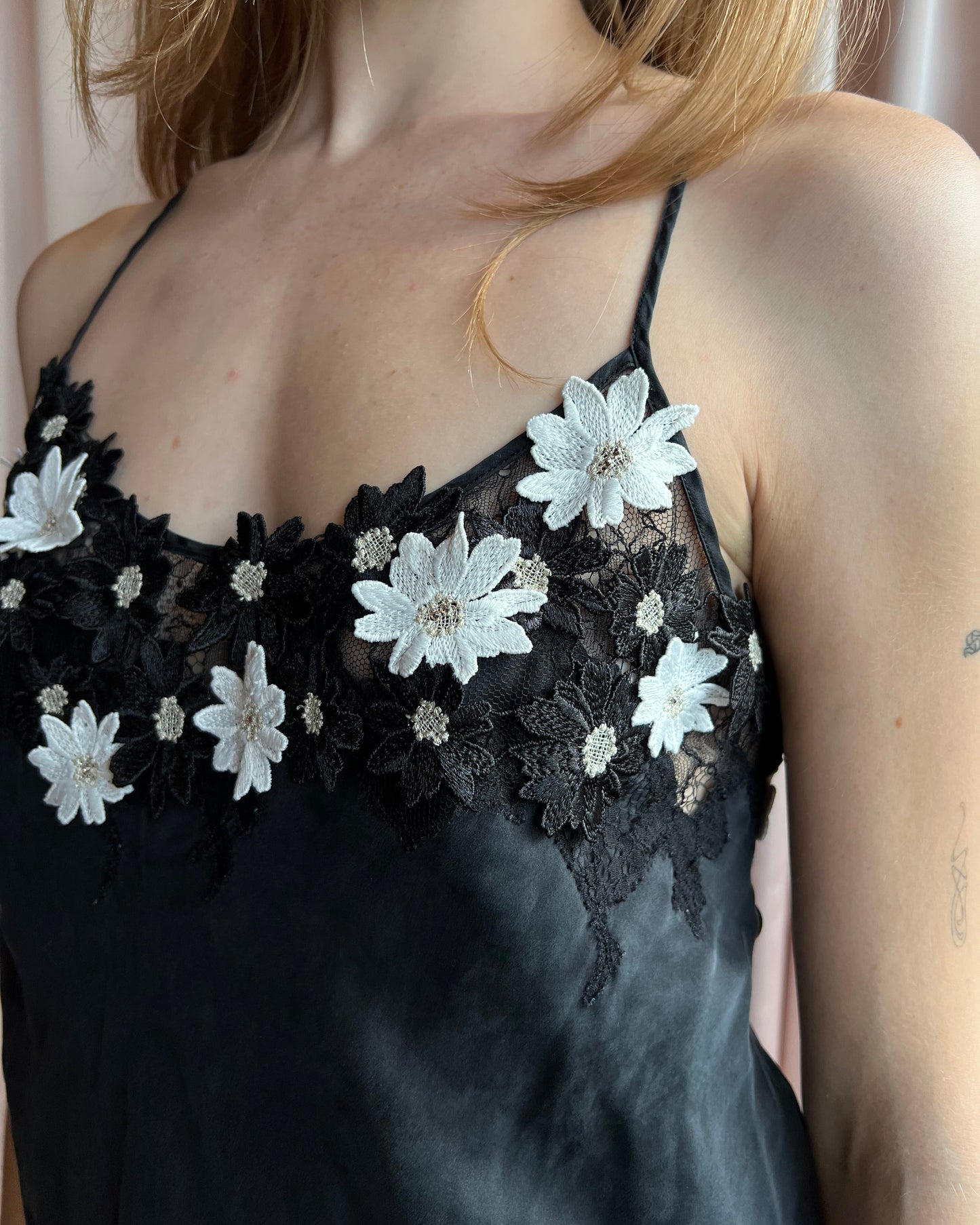 Floral Appliqué Black Silk Slip Dress