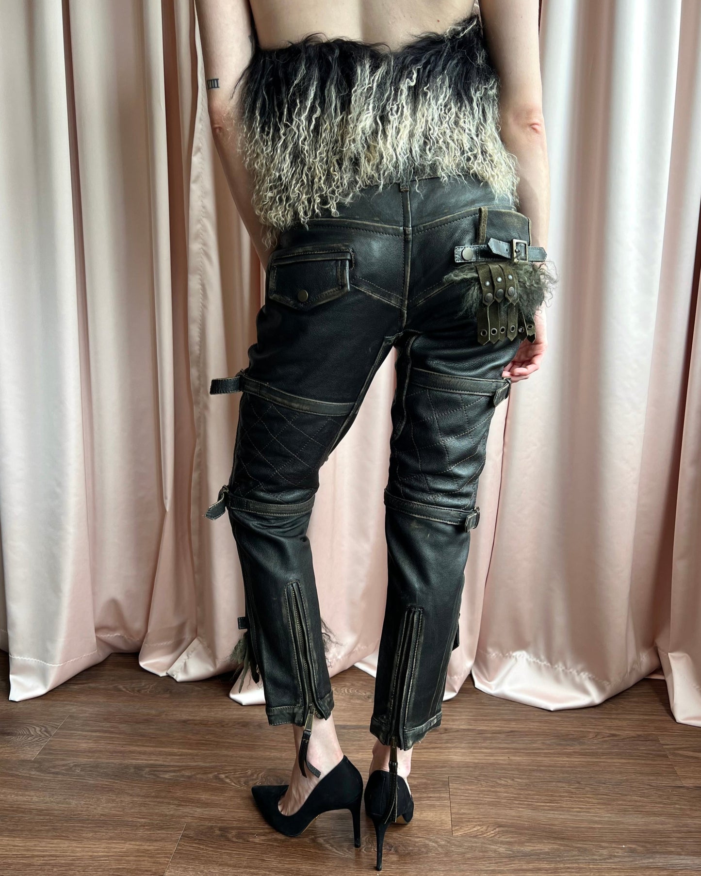 Dsquared² F/W 2005 Lamb Fur Accent Faded Leather Biker Pants