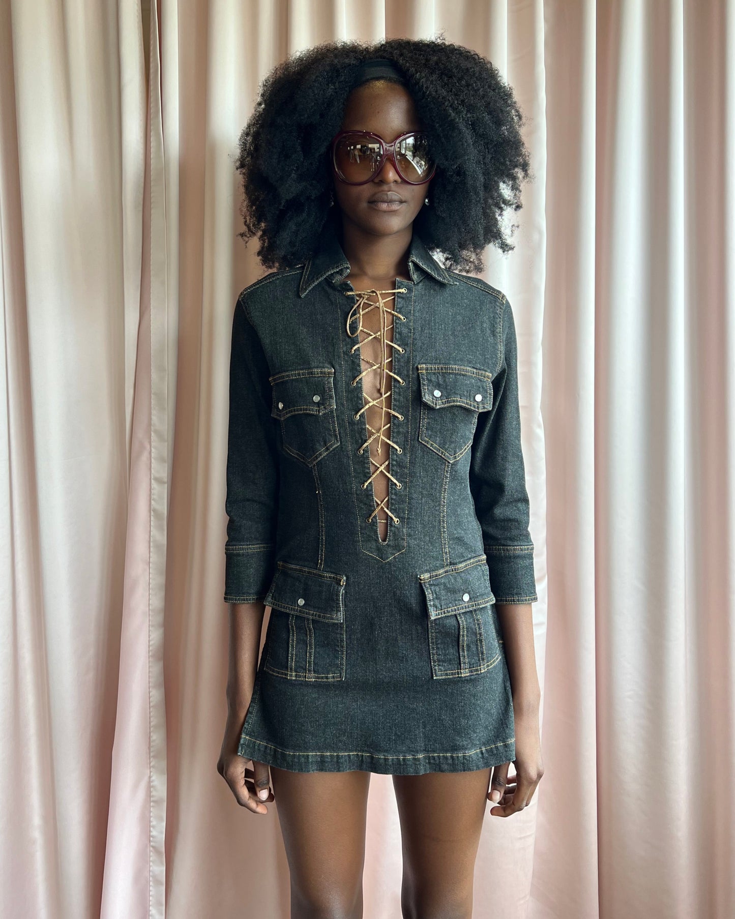 Japanese Brand Deadstock Lace Up Denim Mini Dress
