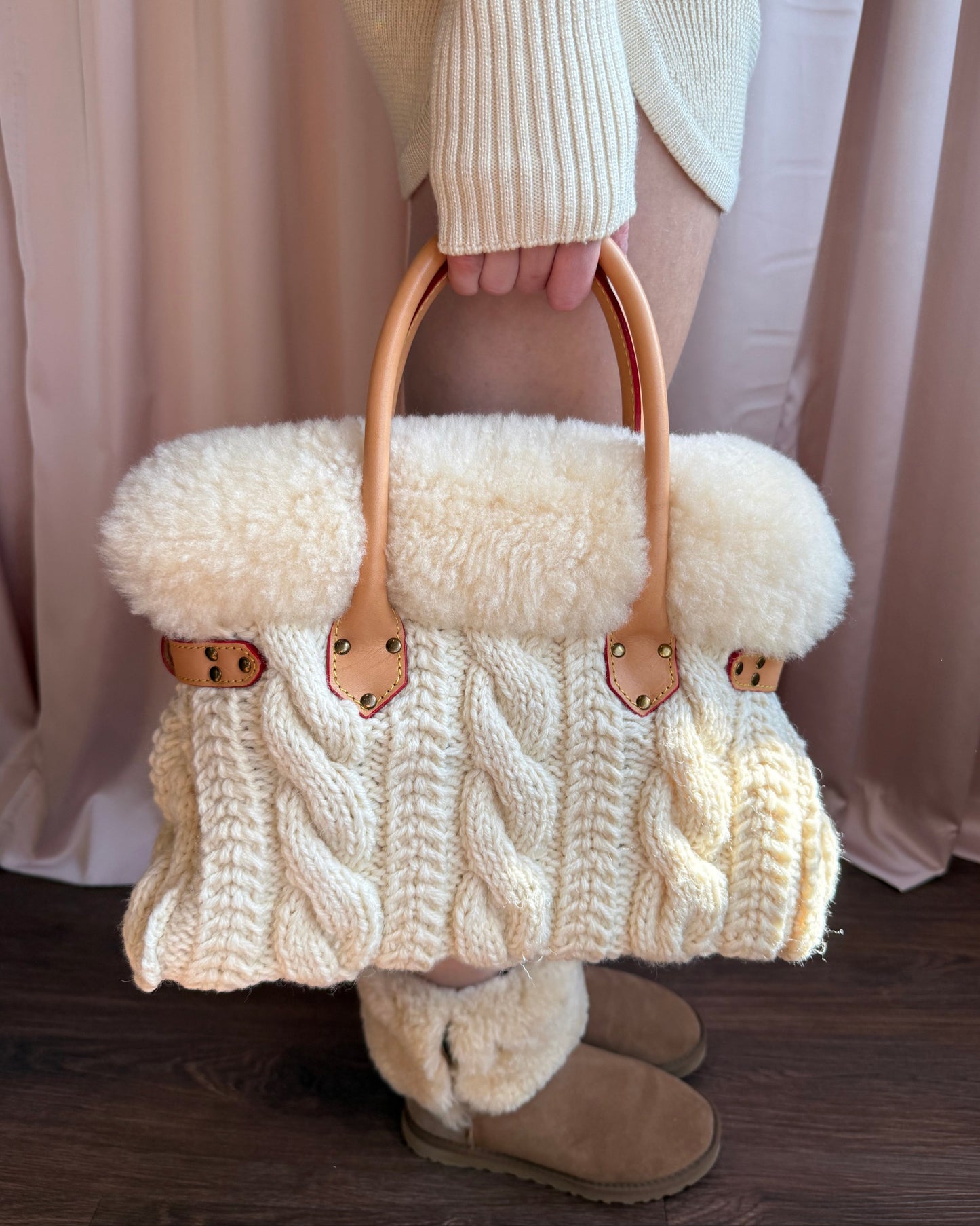 Japanese Brand Cable Knit Shearling Handbag