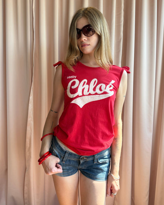 See by Chloé Red Logo Tie Sleeve Tank Top